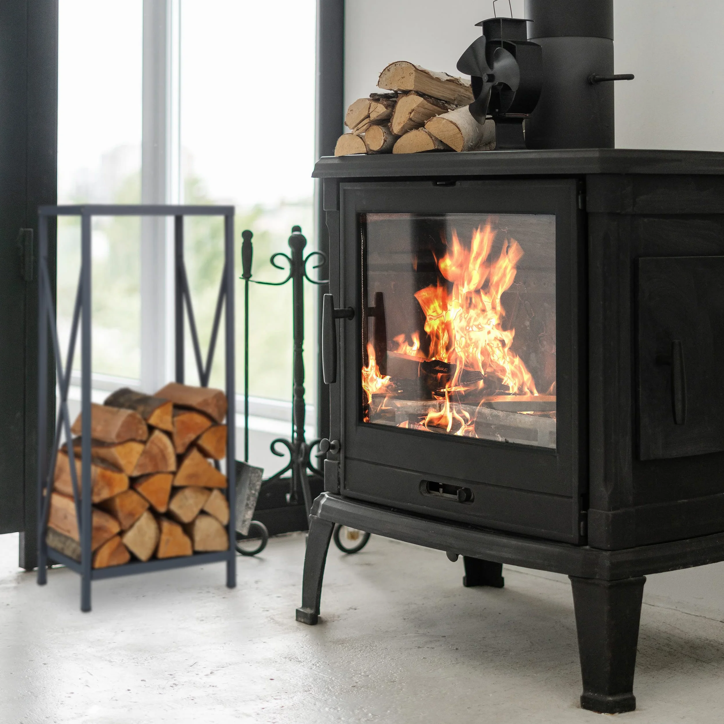 Relaxdays Leñero Vertical, Soporte Leña Metal, 80,5 x 34 x 25cm, Bandeja Leños Acero, Accesorio Chimenea, Interior, Gris