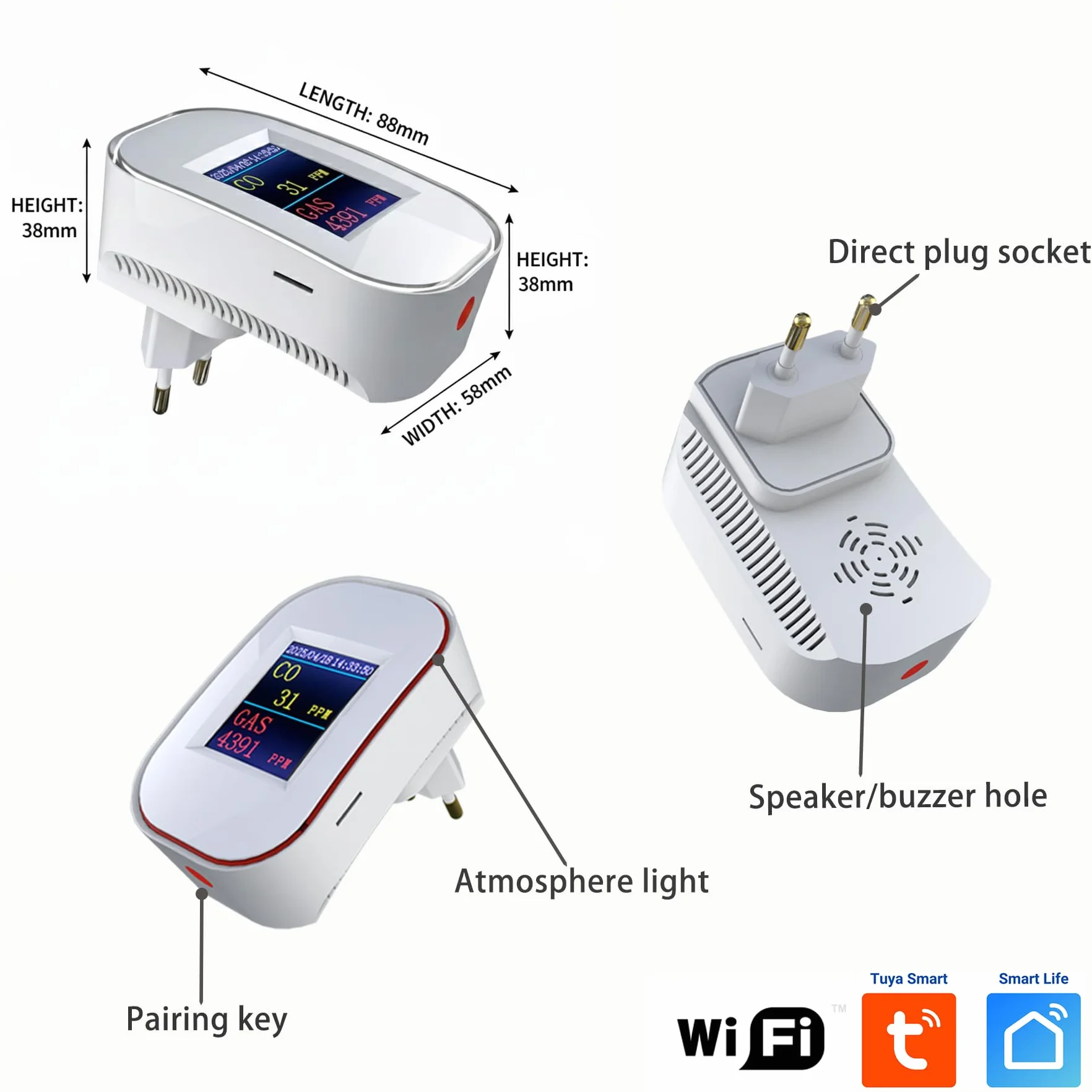 Detector de Gas y Monóxido de Carbono WiFi con Enchufe, Pantalla LED, App Tuya/Smart Life, EN50291 & EN50194