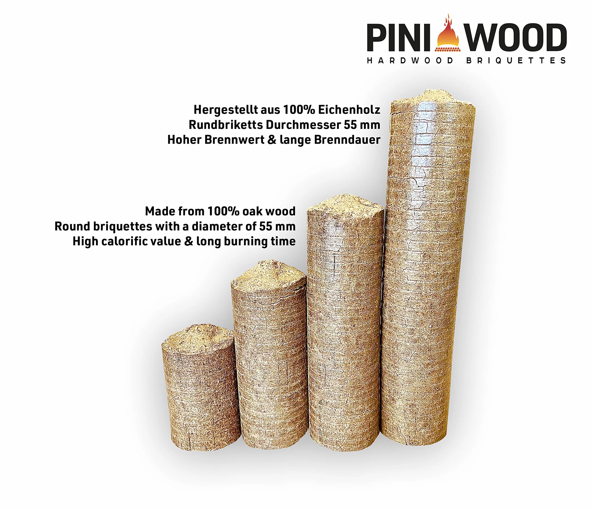 PINI Briquetas de madera dura, 100% roble, 30 kg, chimenea, estufa, leña, barbacoa, briquetas de roble con larga duración de combustión