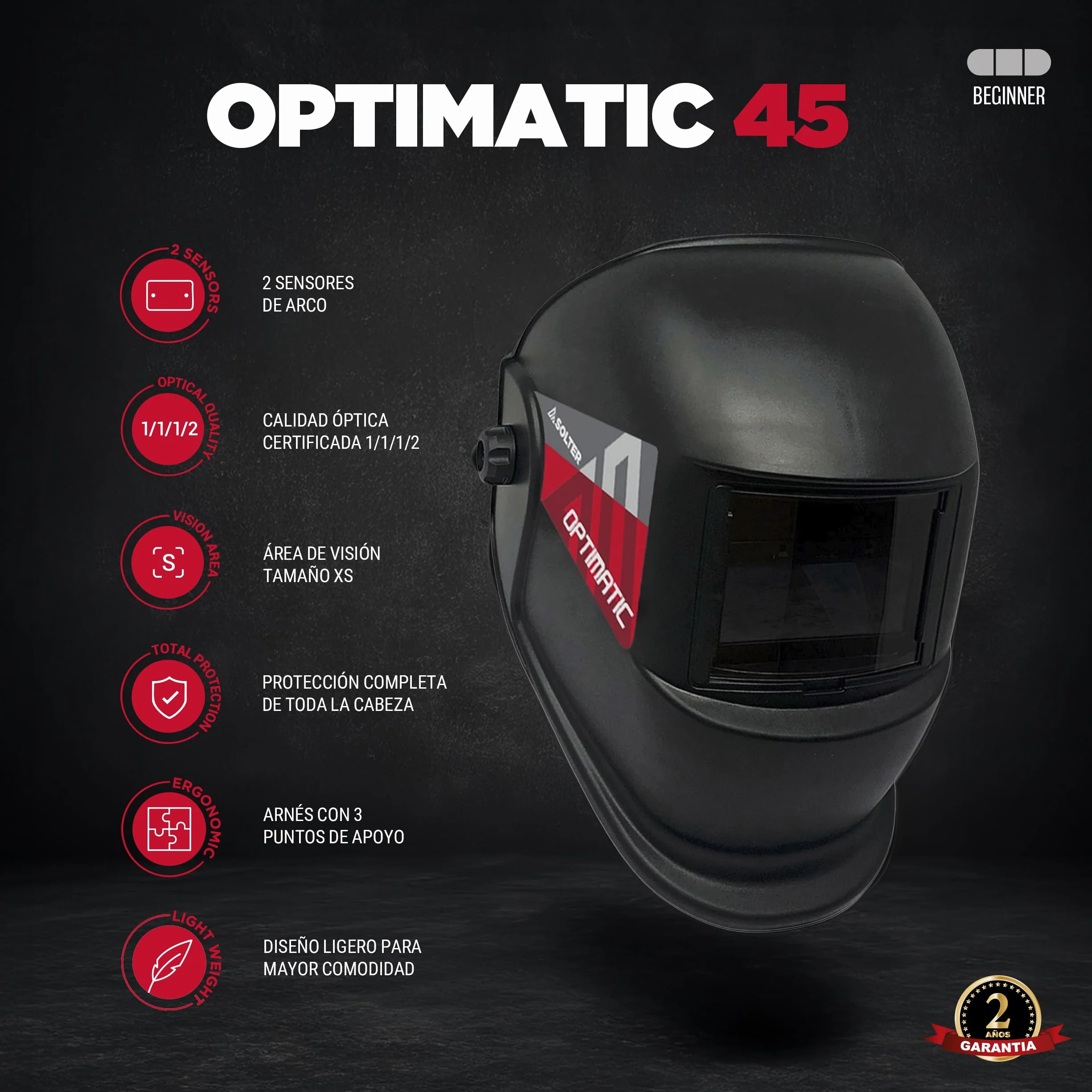Máscara Electrónica de Soldadura, SOLTER OPTIMATIC 45, Auto Oscurecimiento DIN 4/9-13, Filtro Óptico 1/1/1/2, Visión Clara y Precisa, Arnés Ergonómico Ligero y Ajustable, Compatible con MIG/MAG y TIG.