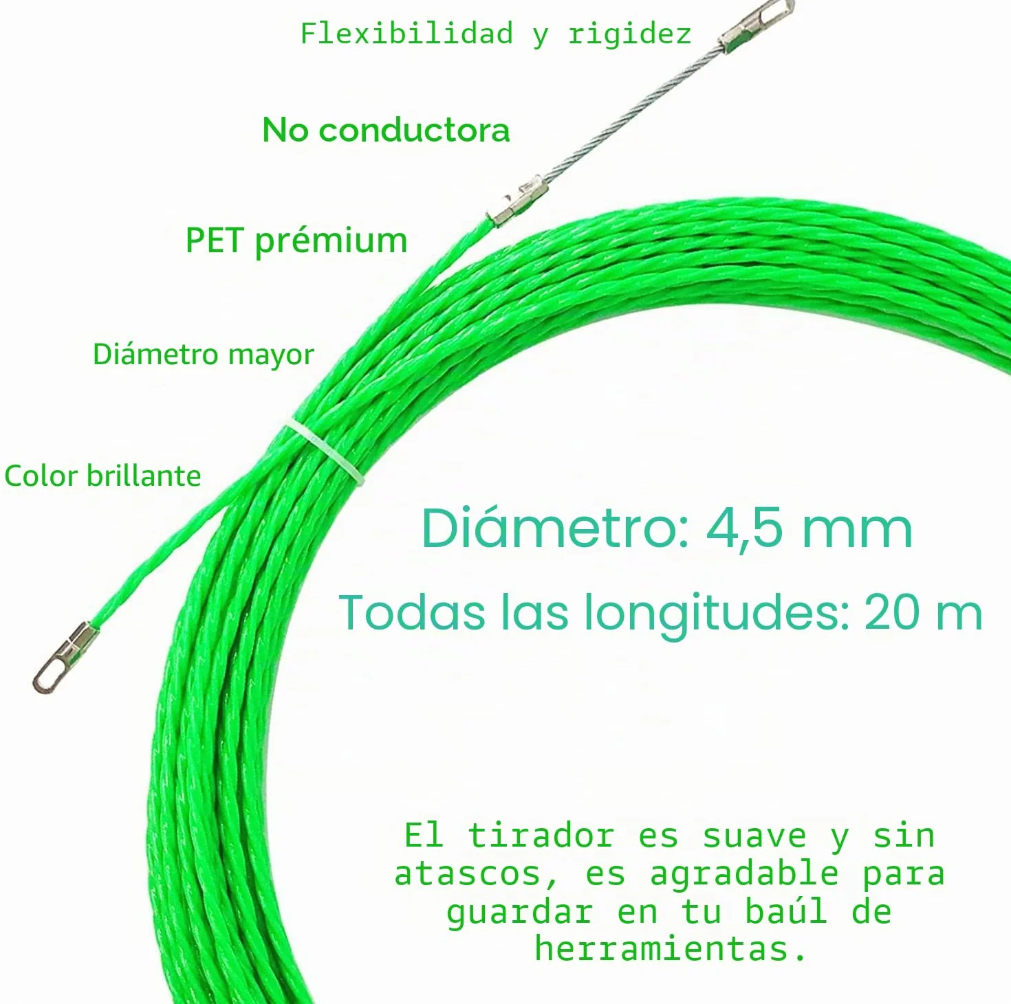 Guia Pasacables 20M, Enhebrador de Alambre Electrico Diámetro 4.5 mm, Guia Pasacables Dispositivo con 2 Muelle de Guía, Guia Pasacables Trenzada para la Colocación de Cables