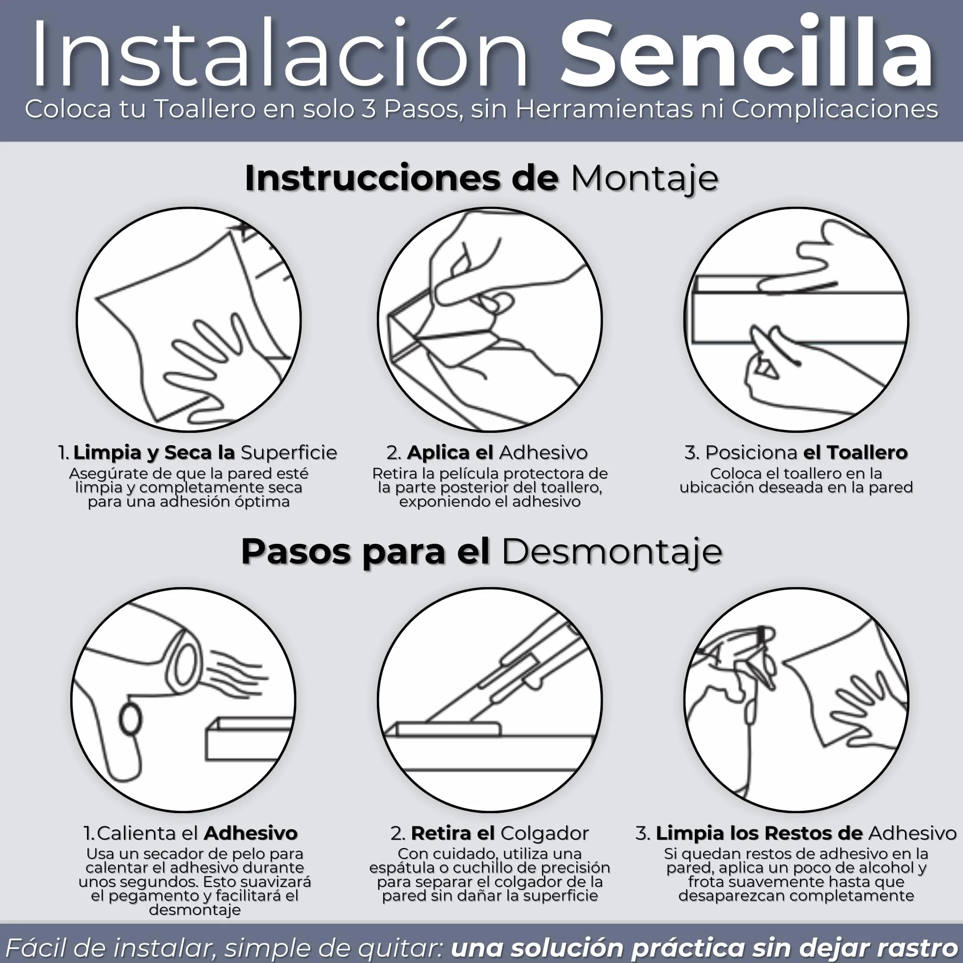 Toalleros De Baño Sin Taladro Adhesivo 26 cm, Acero Inoxidable 304 Cepillado, Accesorios Sin Taladro para Baño y Cocina, Fuerte Fijación