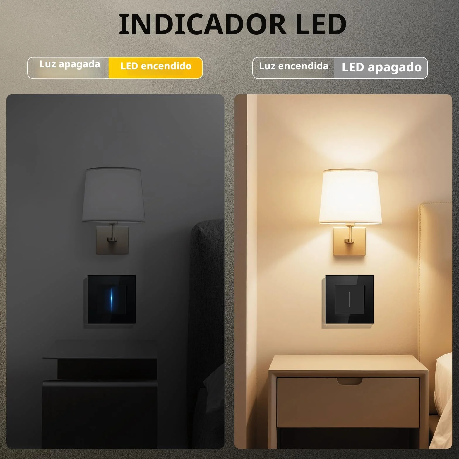 Interruptor Pared,Interruptor de Pared con Marco de Cristal con LED Indicador,1 Gang 1 Vía,Fácil Instalación Diseño de Gancho de Garra,86 * 86mm Negro