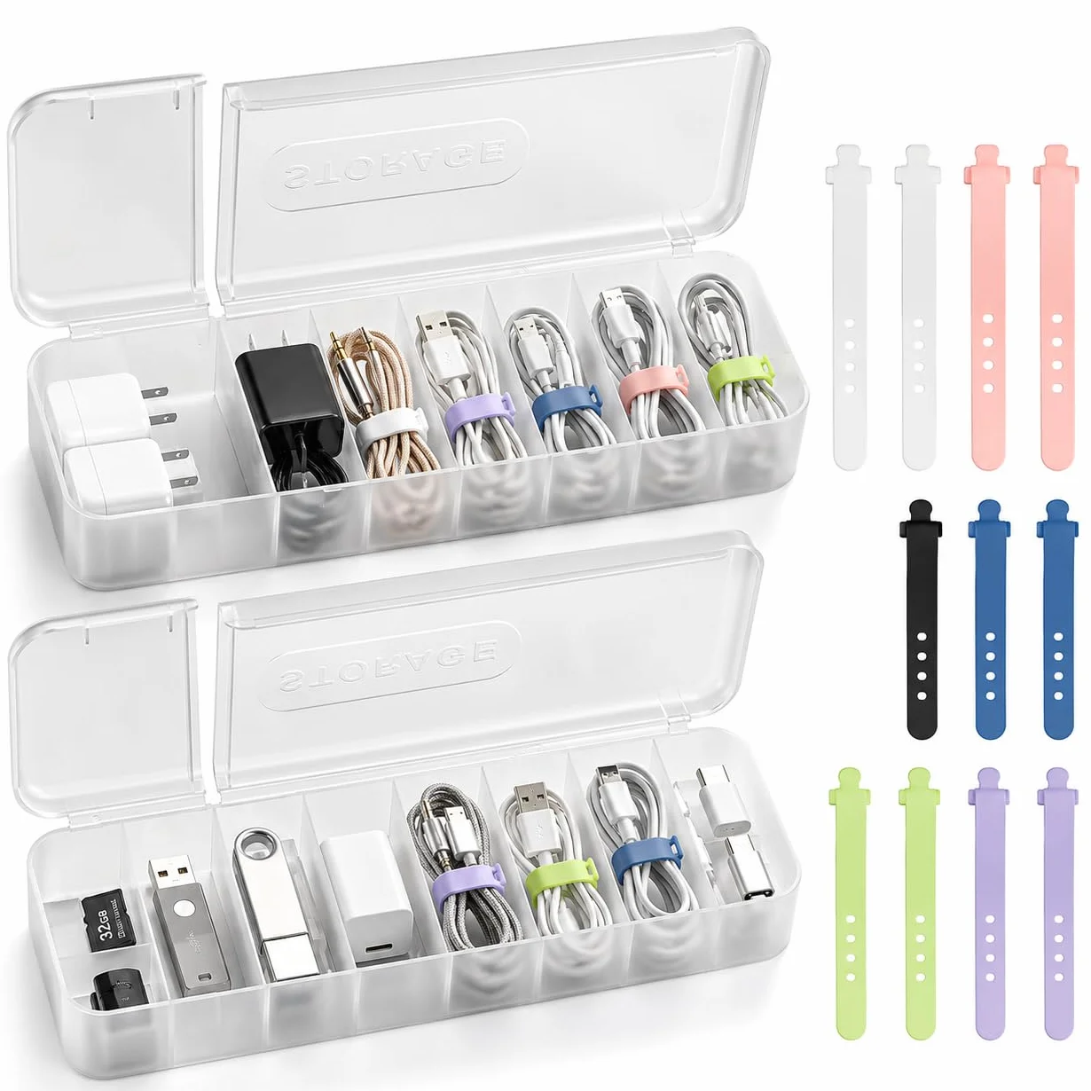 Caja de almacenamiento para cables, 2 unidades, 7 compartimentos, transparente con 12 bridas, organizador de doble apertura