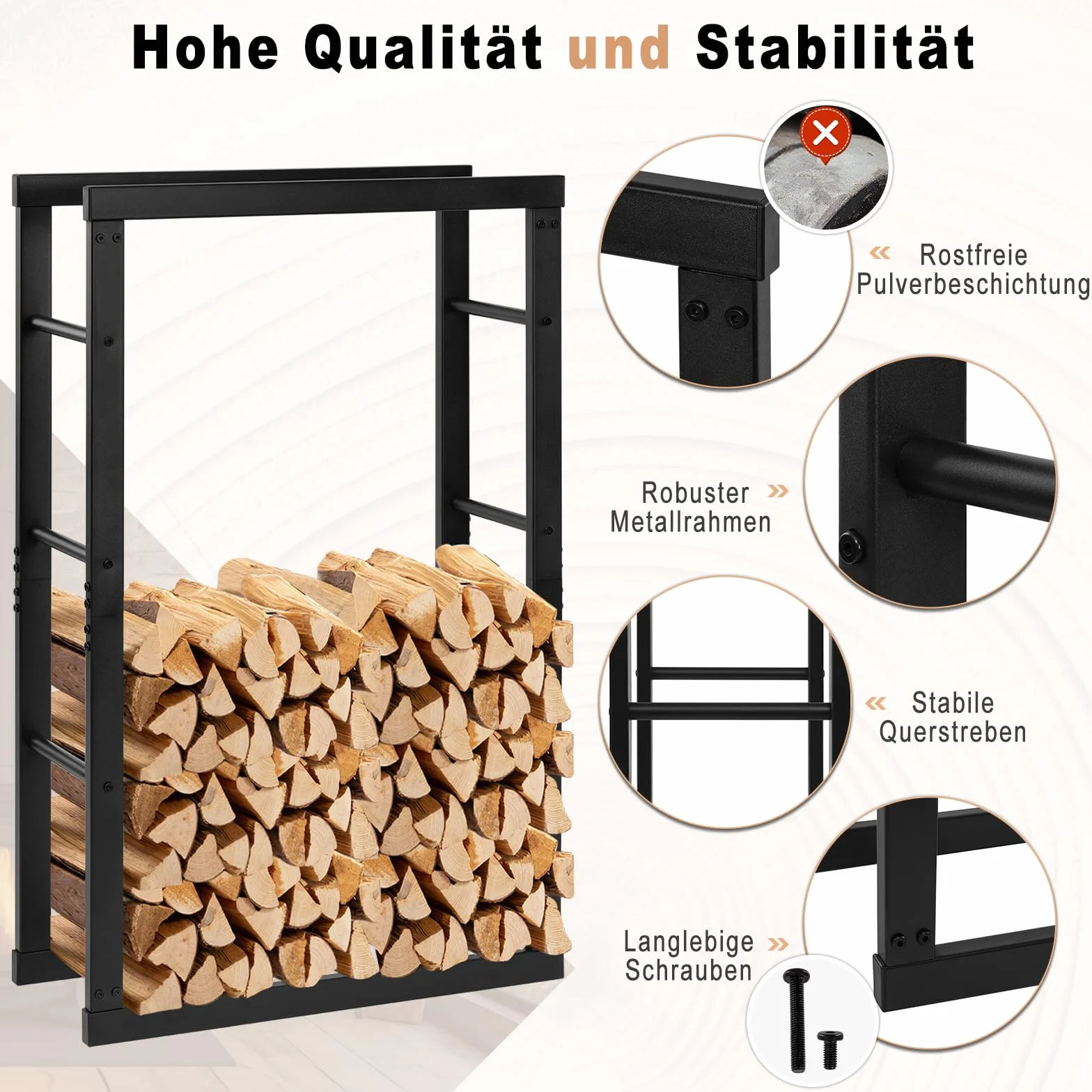 Laneetal Soporte para Leña, 60x25x100 cm, Estante para Leña de Chimenea, Leñero Interior y Exterior de Metal, Estanteria de Almacenamiento de Madera, Negro