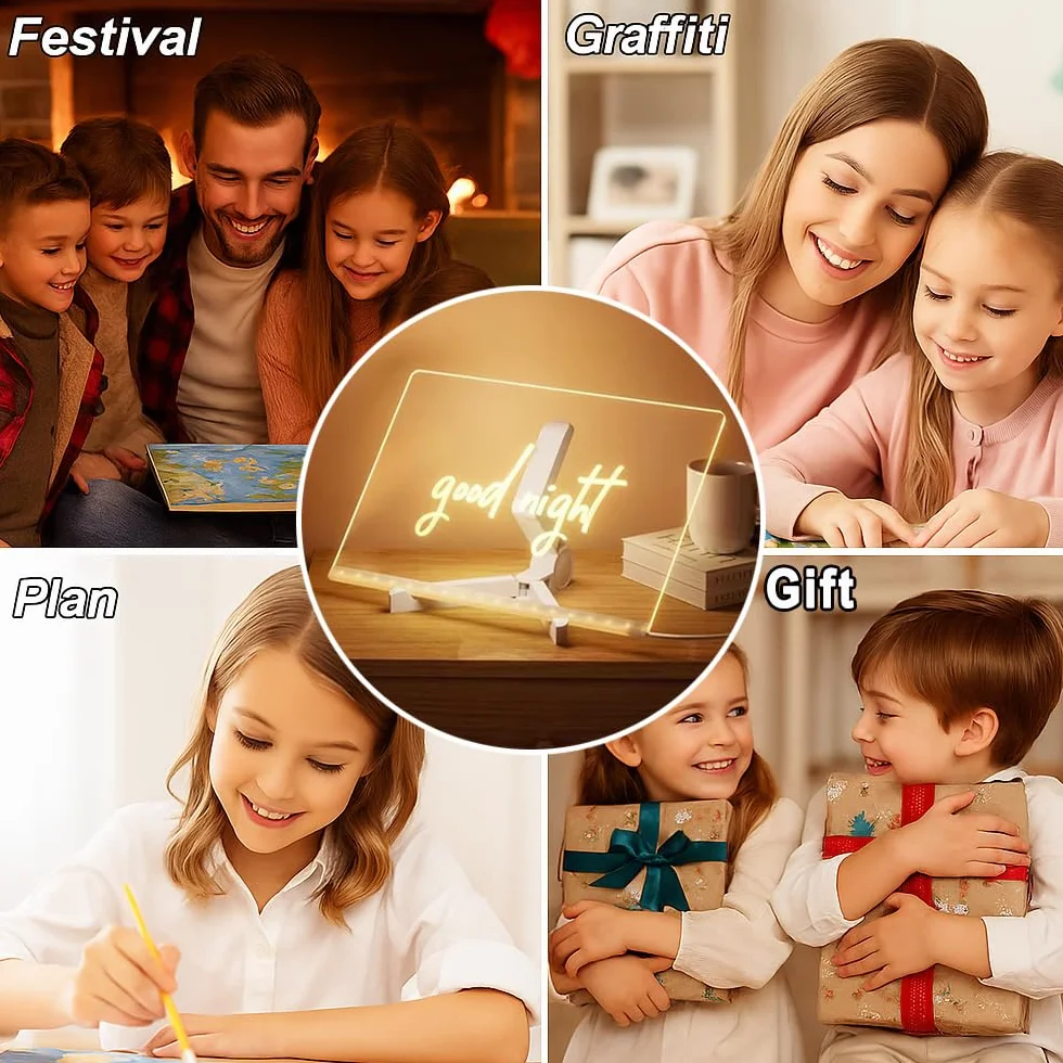 Pizarra LED Transparente Tablero de Mensajes Doodle Glow 7 Colores Bolígrafo Soporte Ajustable