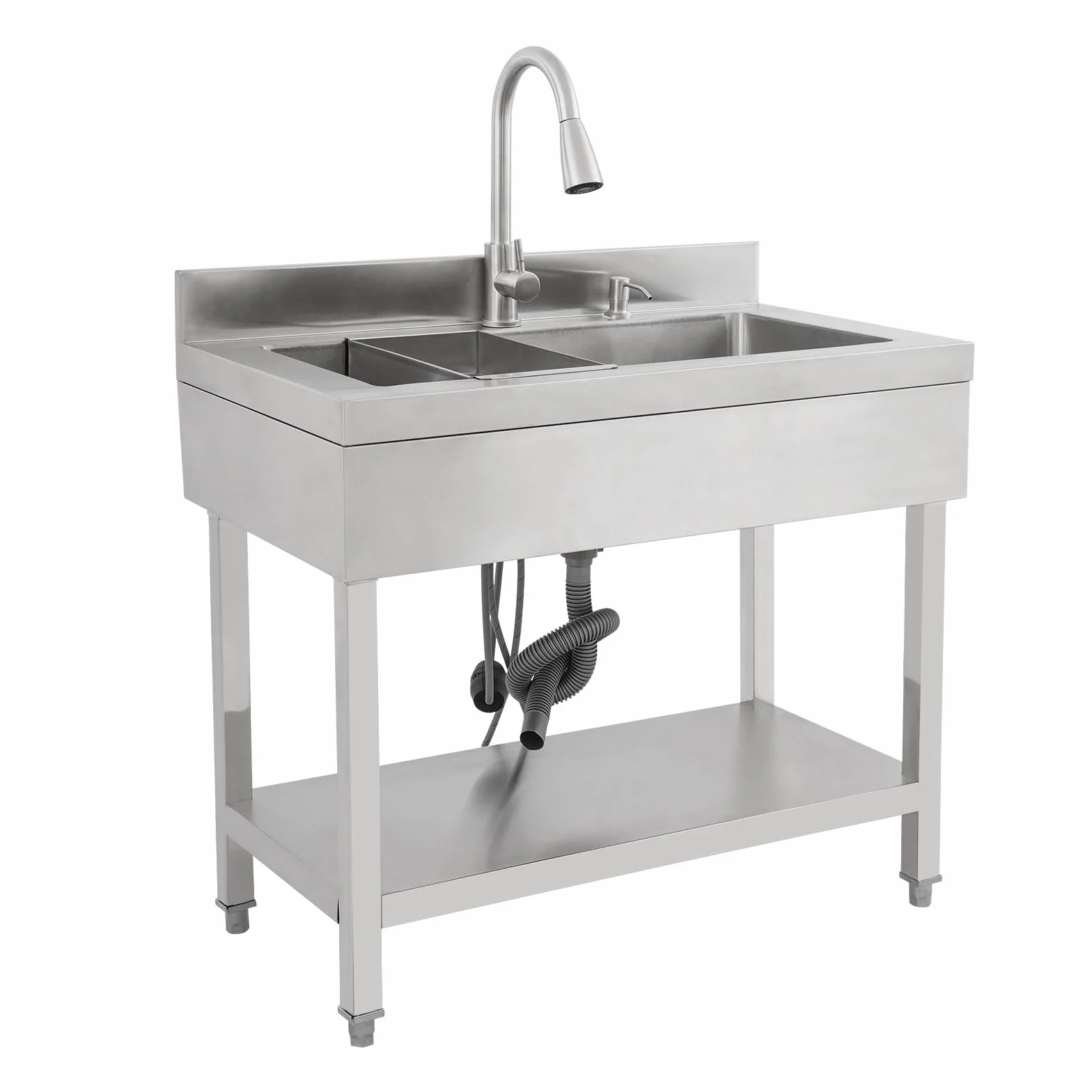 Lavando de acero inoxidable independiente, fregadero individual de cocina rectangular con pedestal, fregadero móvil para cocina, garaje, exterior(90x50x80 cm)
