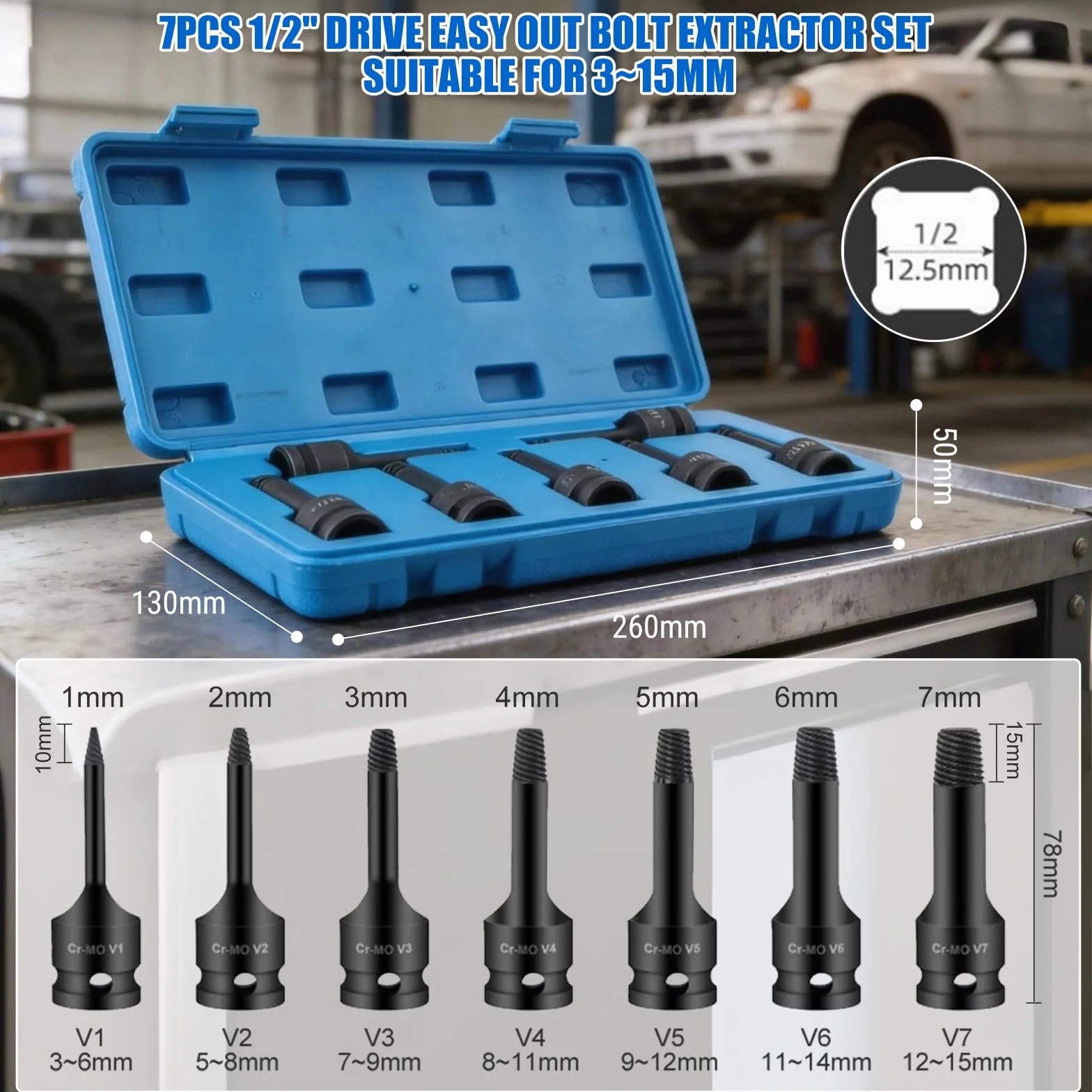 Kit extractor de roscas dañadas 7 unids/set 1/2 pulg. 12,5 mm Cabeza cuadrada Extractor de pernos dañados Deslizamiento de rosca Perno roto Herramienta de extracción fácil