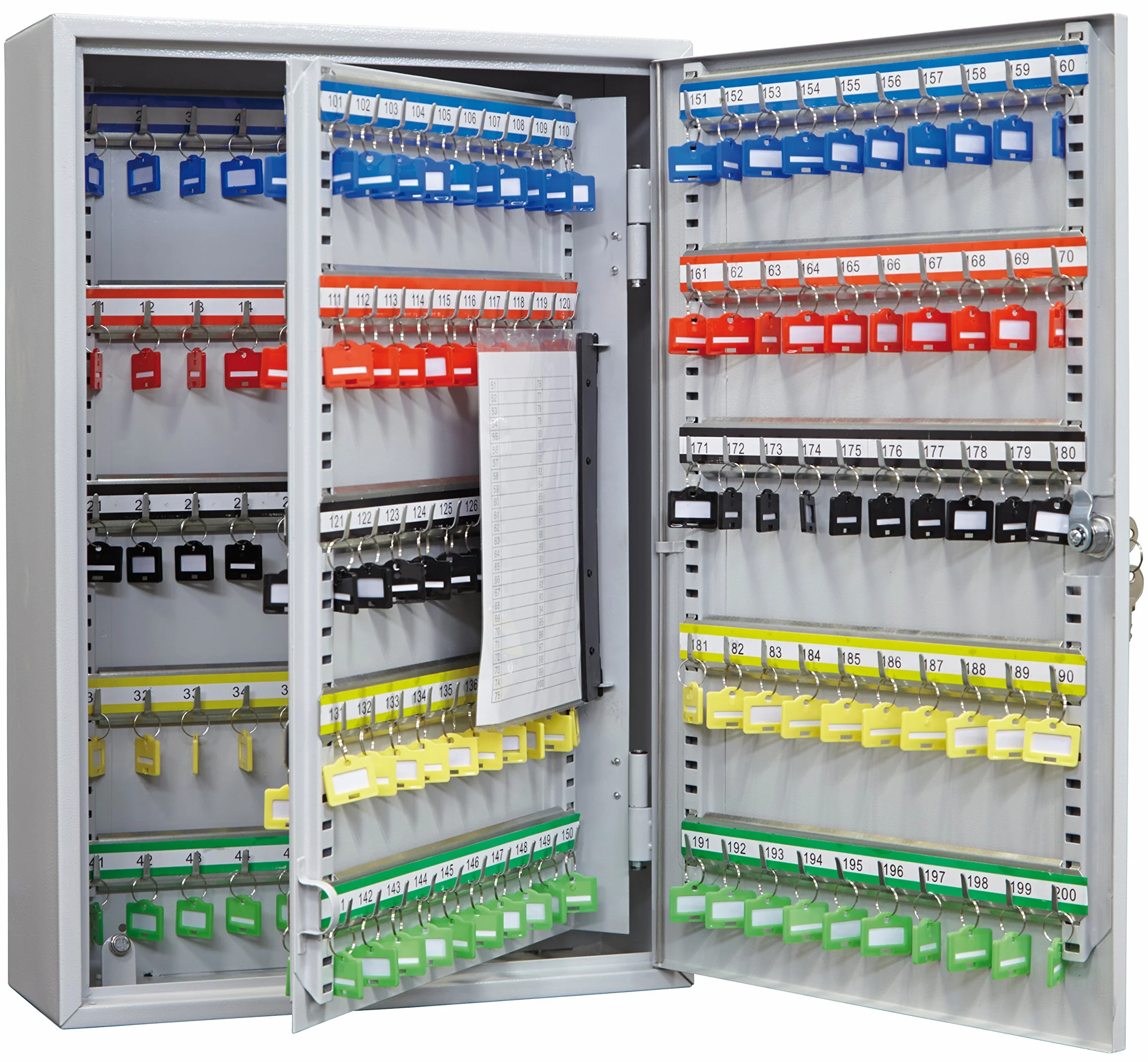 Arregui PL200 Armario de Llaves con Ganchos Regulables en Altura | 200 Llaves | Caja de Seguridad de Acero para Llaves | con Llaveros Incluidos | Fácil Instalación en Pared | 55x38x14 cm | Gris