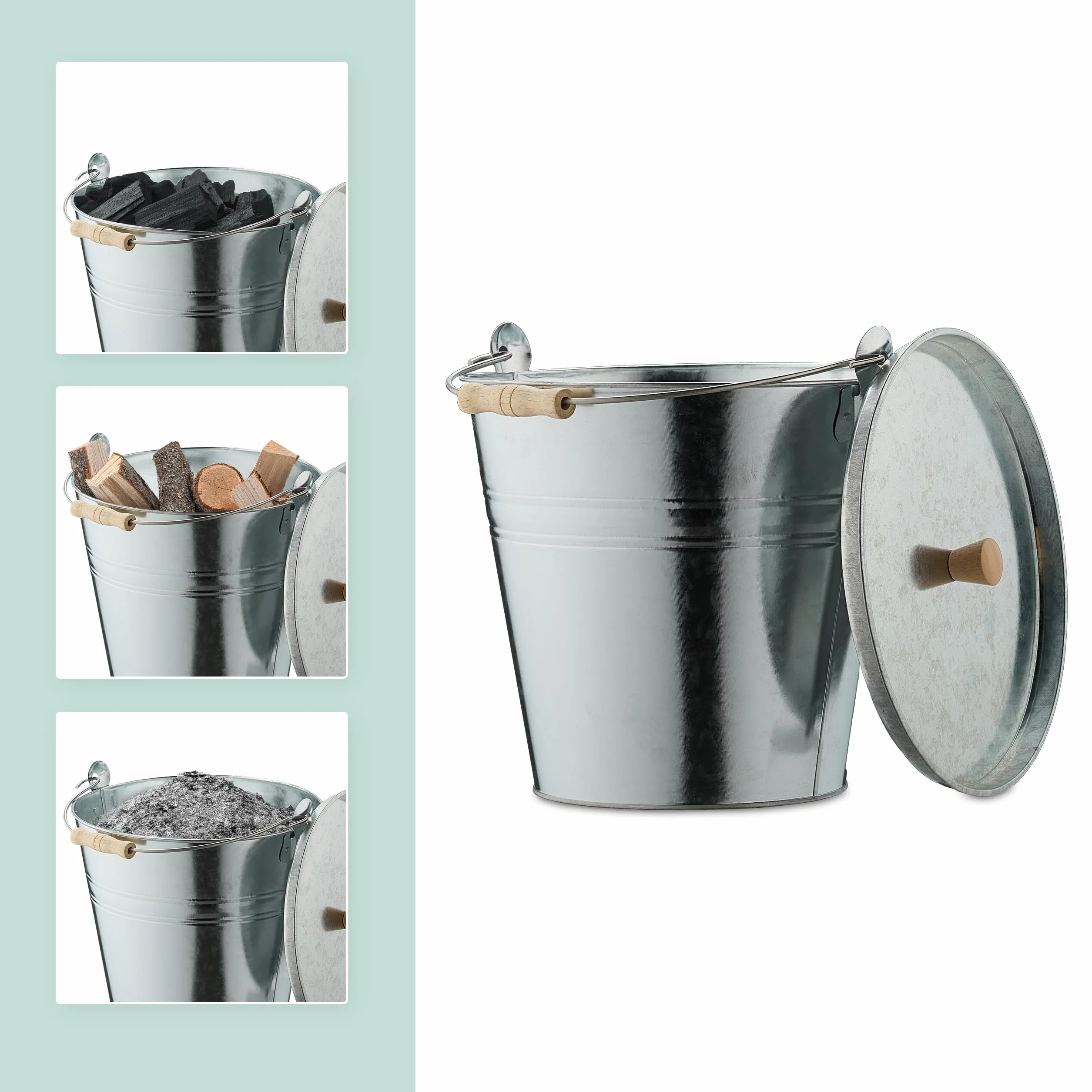 Relaxdays Cubo para Cenizas con Tapa, 12,5 L, Accesorio Chimenea, Estufa, Asa Madera, Almacenar Carbón, Acero, Plateado