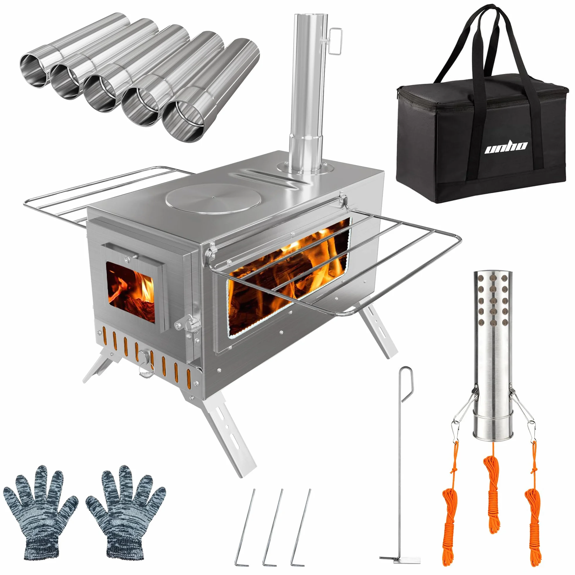 UNHO Estufa de Leña Portátil Plegable con Chimenea de Acero Inoxidable para Tienda de Campaña