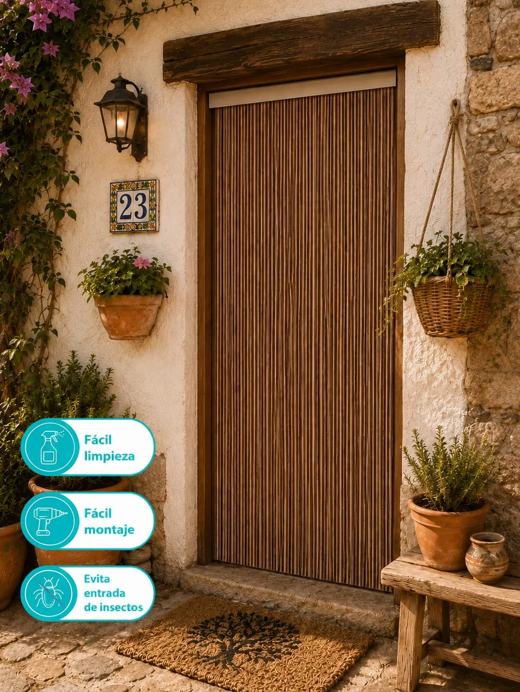 Cortina de Puerta, Exterior e Interior, 90 x 210 cm, MARRON-BEIGE, PVC y aluminio, Evita la entrada de Insectos, bichos, fácil de instalar, Fabricada en España