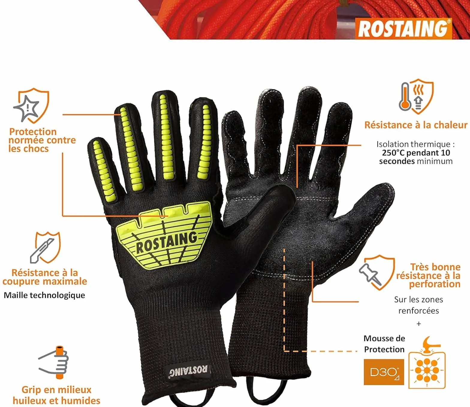 ROSTAING Par de guantes de bombero pro RESCUEFLUOBCSC - Para Rescates en Carretera - Guantes de Desincarceración y Despeje - Guantes Anticorte - Guantes de Protección contra Impactos