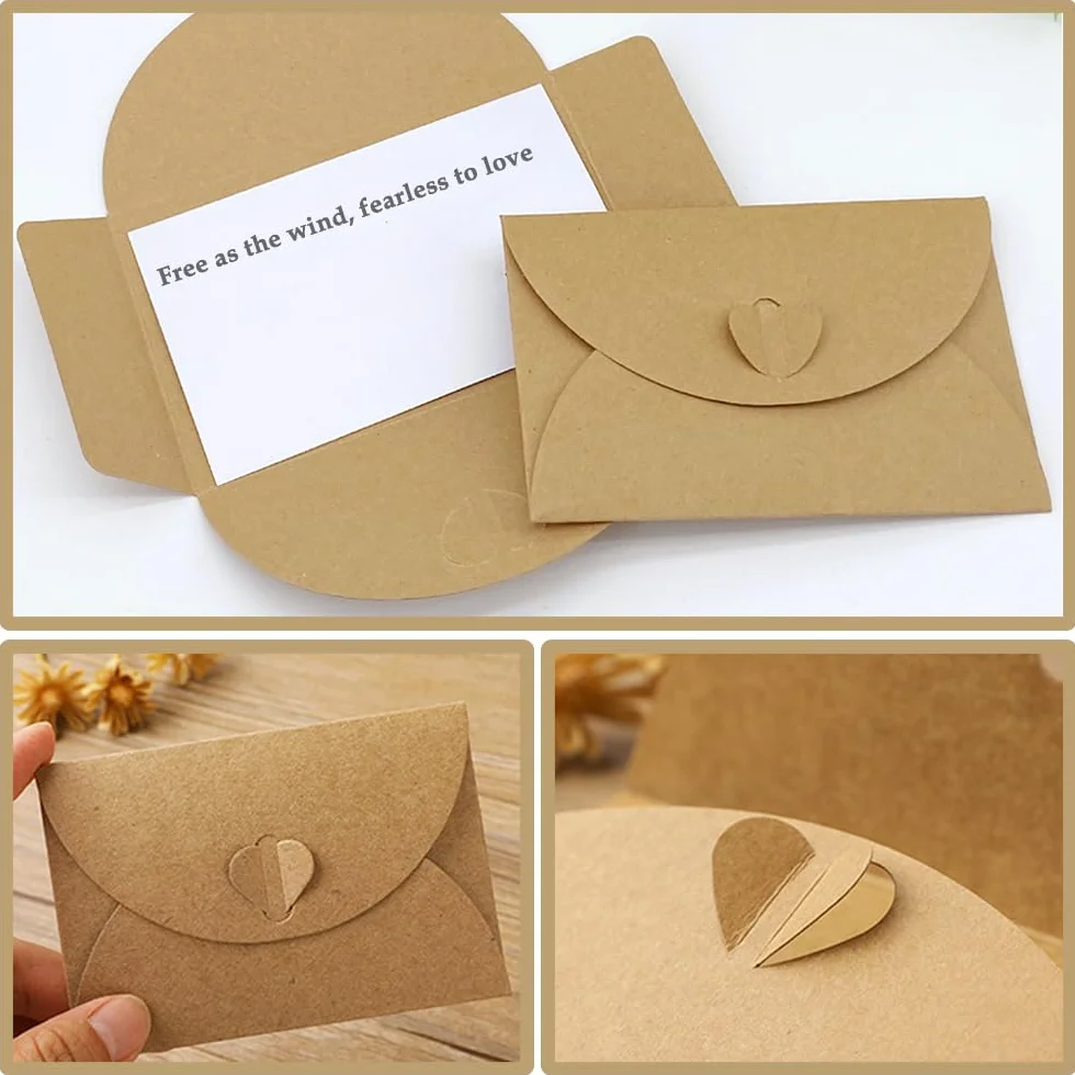 15 Sobres de Papel Kraft con 15 Tarjetas de Papel en Blanco - Mini Sobres con Cierre de corazón para Tarjetas de Regalo DIY Graffiti