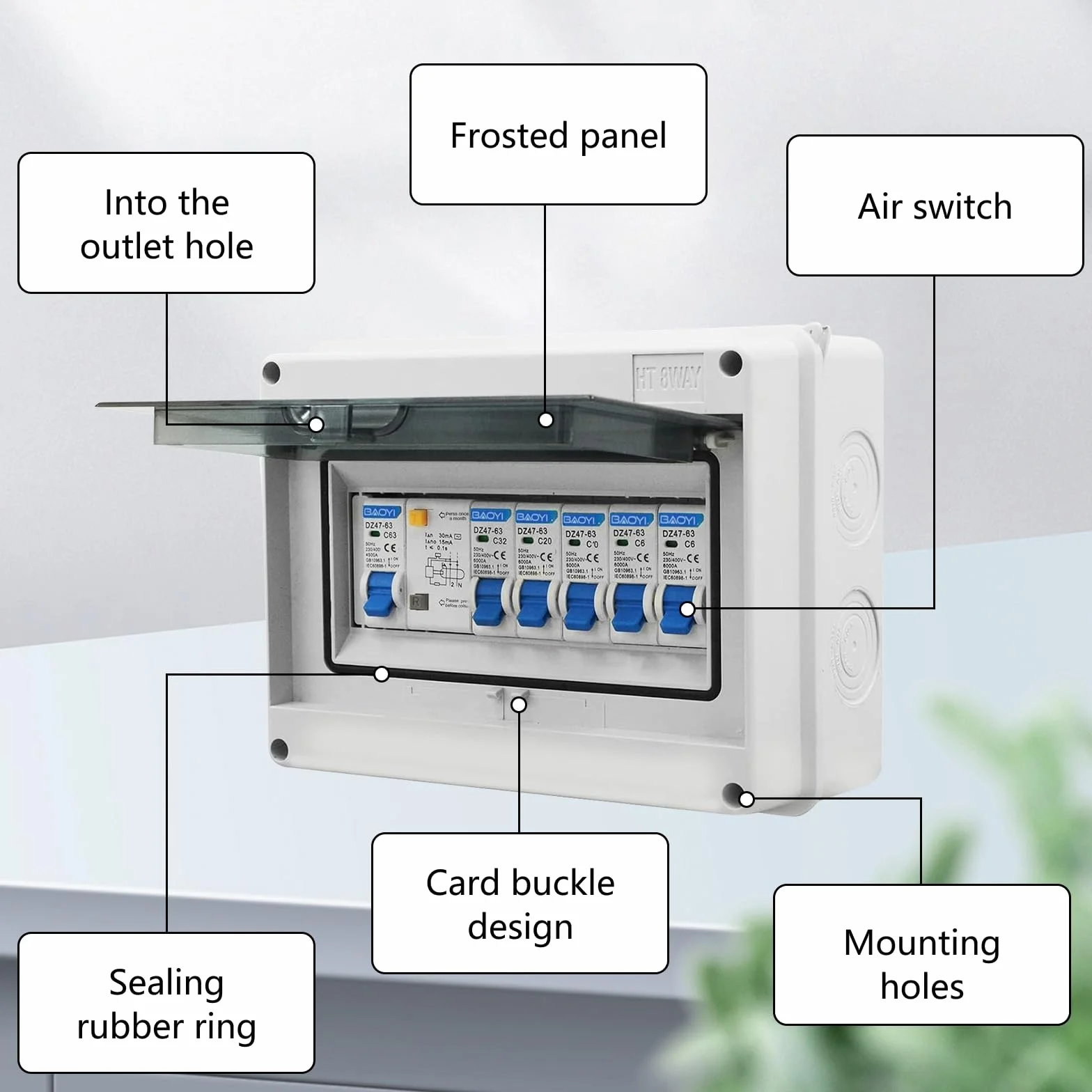 Caja de Distribución, Caja Eléctrica Impermeable IP65, Caja de Fusibles de Superficie Disyuntor de 63 A, Caja de Distribución Impermeable, Interruptor de Aire 2x6A+1x10A+1x20A+1x32A