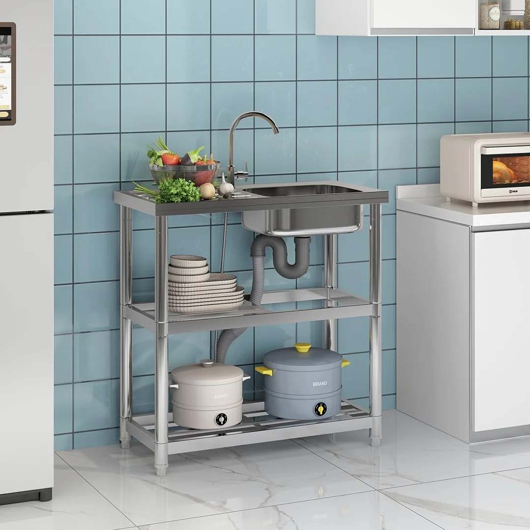 Lavabo independiente de acero inoxidable, lavabo libre con grifo, fregadero de cocina con superficies de apoyo, lavabo multifuncional con tubería de agua, lavabo de uso para lavadero, jardín