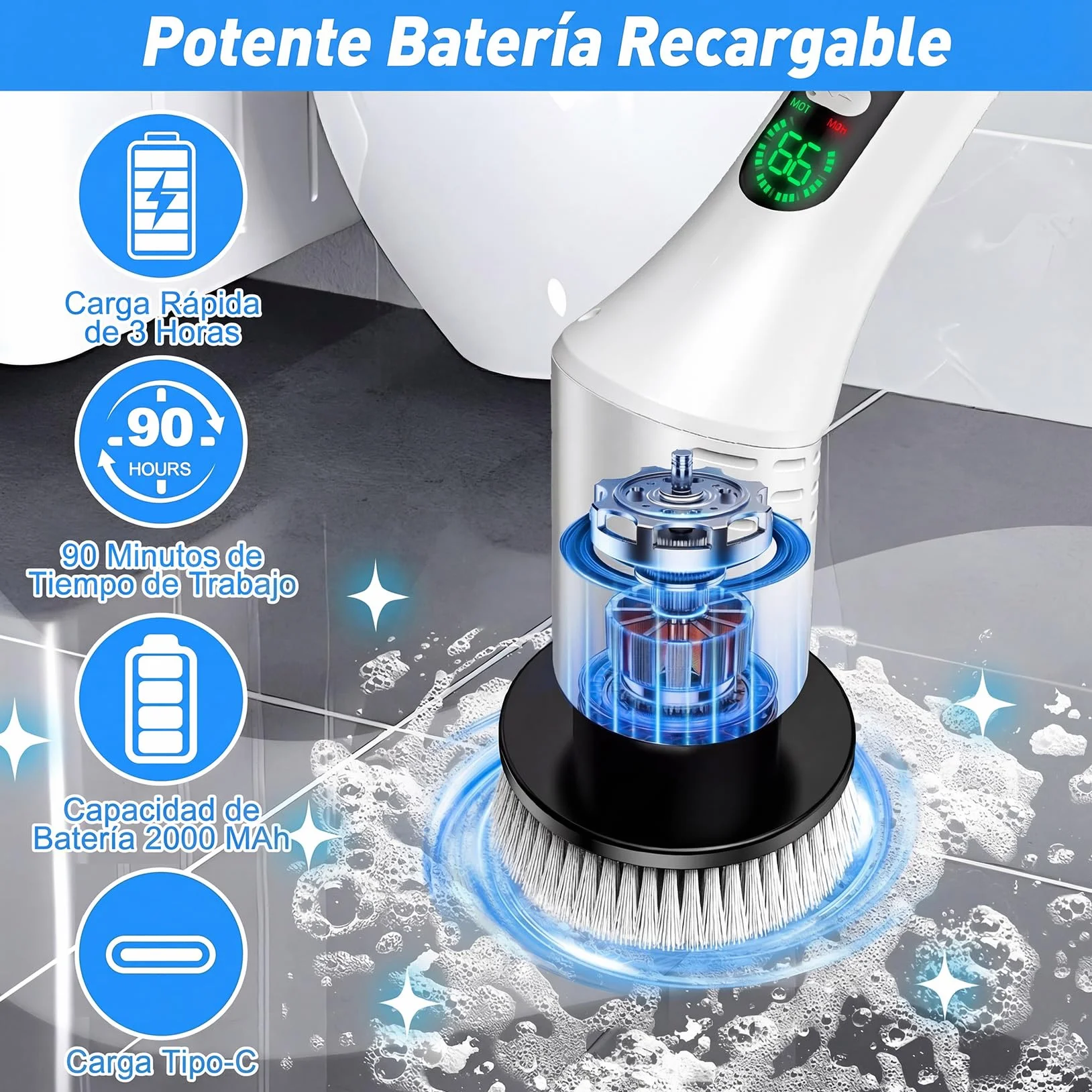Cepillo Electrico Limpieza Hogar, Cepillo Limpieza Electrico con 9 Cabezales Reemplazables Mango Telescópico Ajustable para Hogar, Baño, Suelos, Cocina, Azulejos