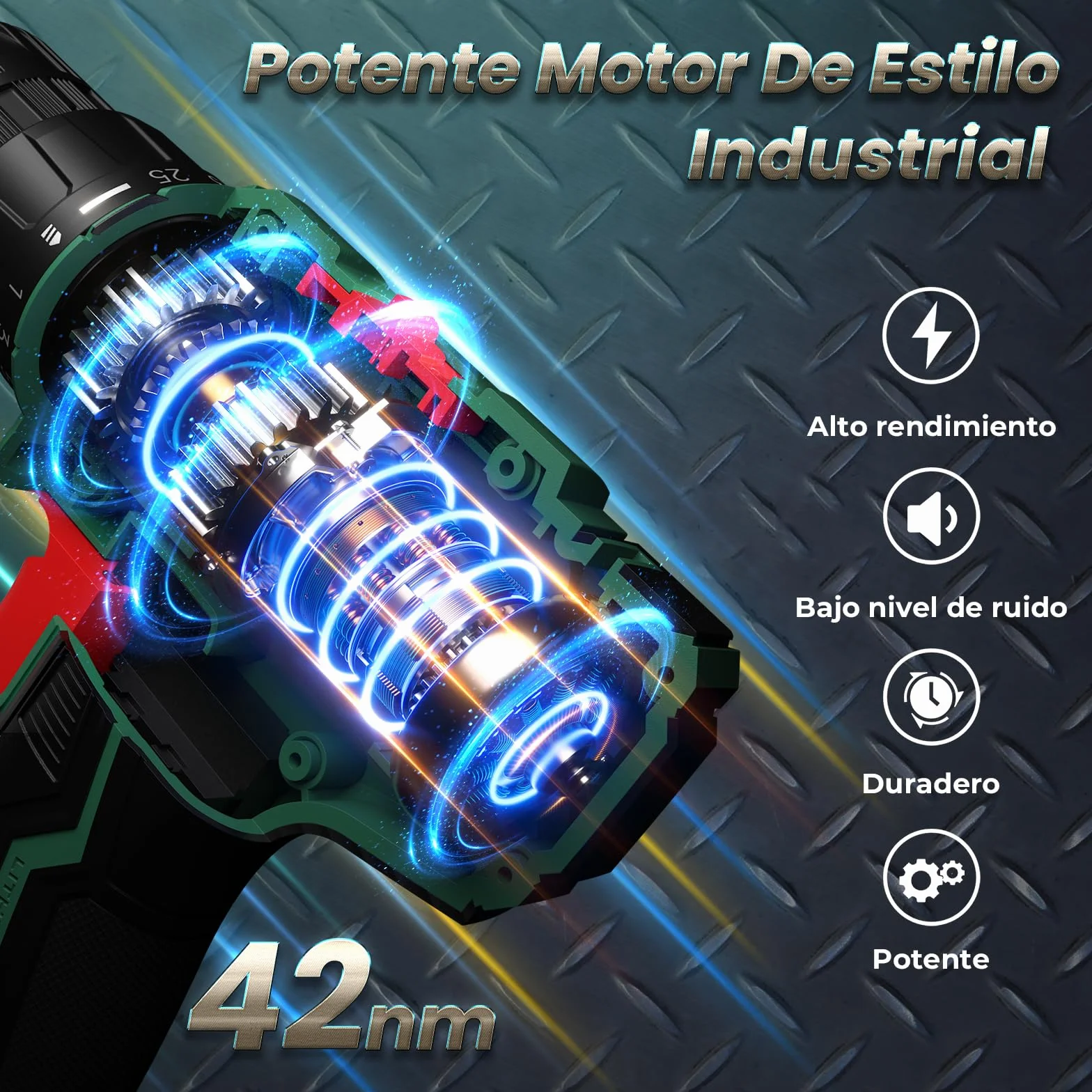Taladro Atornillador Inalámbrico 20V 42Nm 2 Velocidades 25+1 Niveles Par Portabrocas 10mm 2000mAh