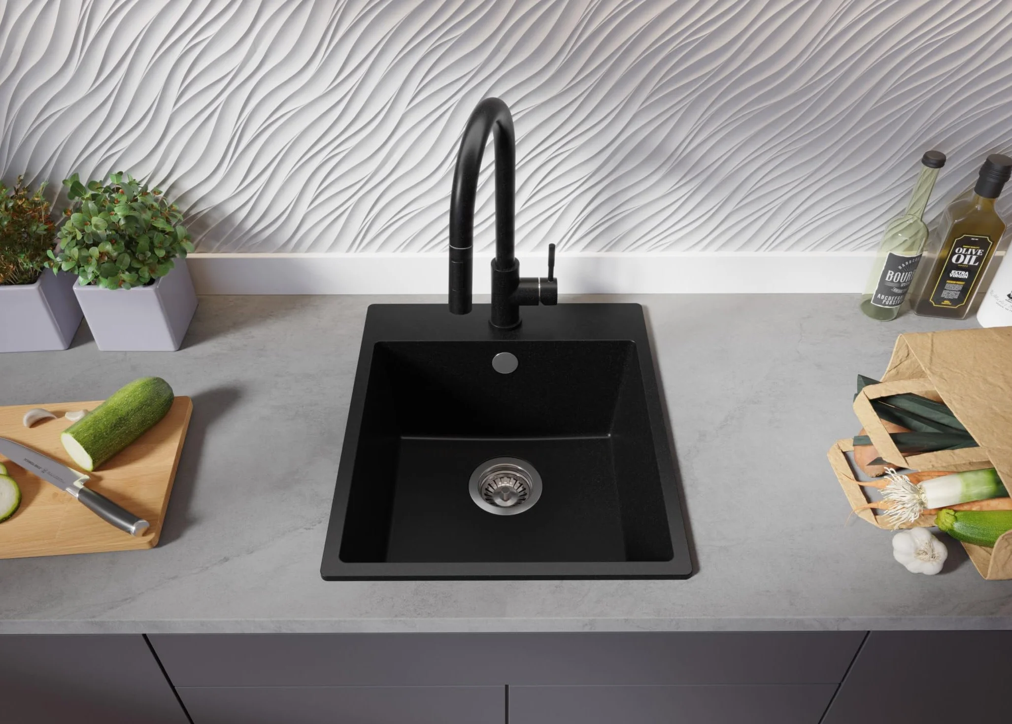 PRIMAGRAN Fregadero Cocina Negro 43x50cm, Granito 1 Seno + Sifón, Sobre Encimera al Mueble 45cm - Riga S125