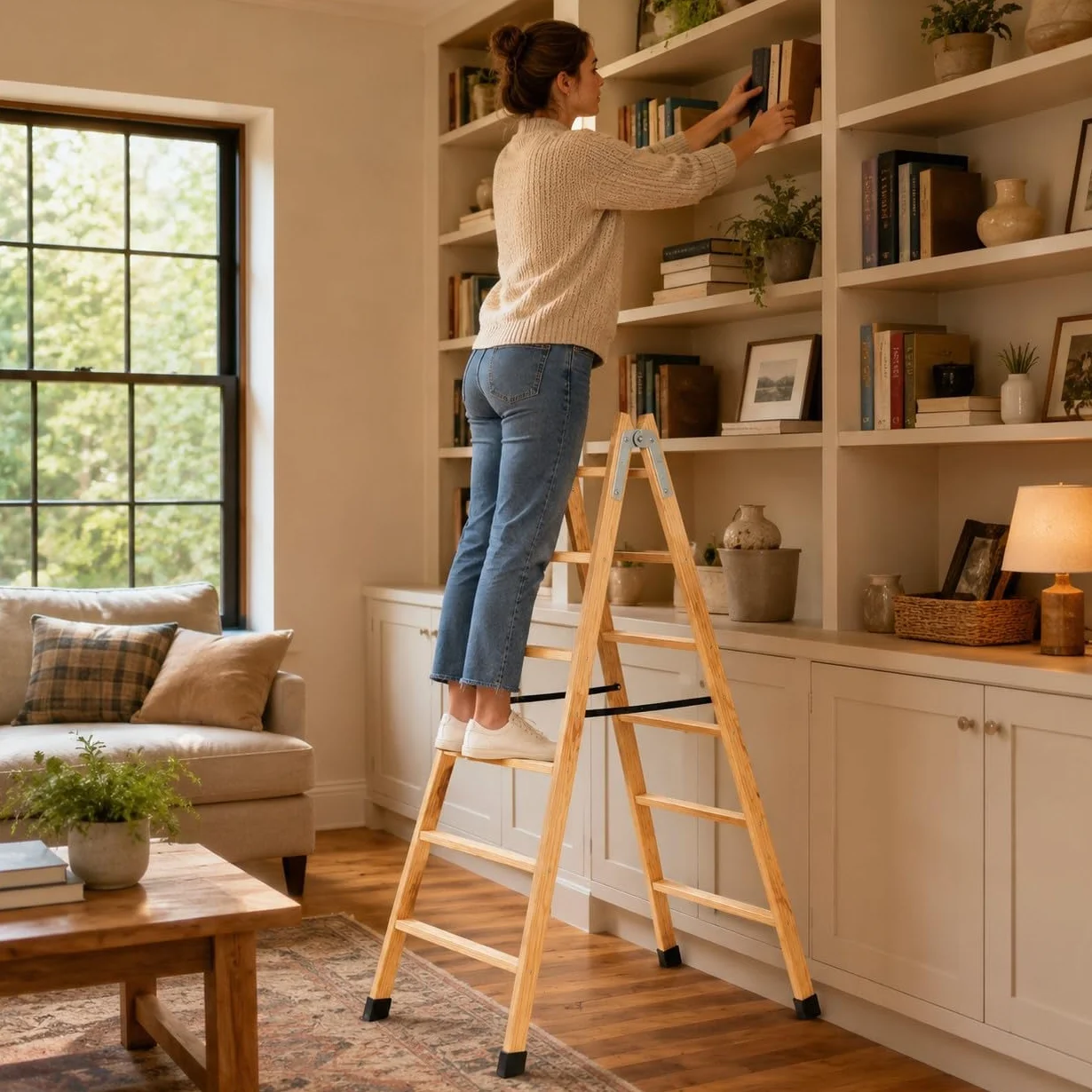 TM-DA Escalera Tijera Doble Acceso de Madera de Pino 7x2 Peldaños 150 kg