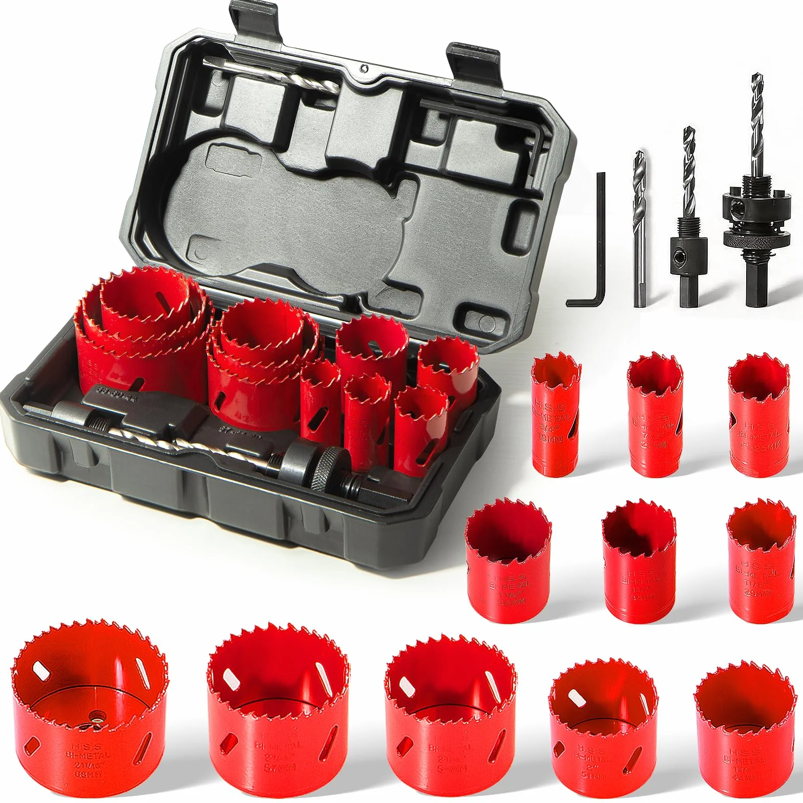 HYCHIKA - Kit de sierra perforadora bimetálica, 17 piezas de acero de alta velocidad de 3/4 a 2-1/2 pulgadas, juego de sierra perforadora en estuche con mandriles, broca de sierra perforadora para