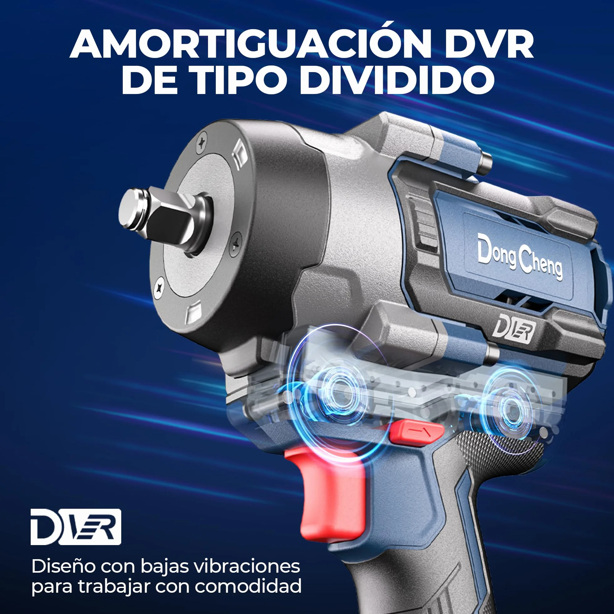 Dong Cheng Llave de impacto a batería sin escobillas 1/2", 1700 Nm, 3 vel (0-1900rpm), 2 bat 5Ah + cargador rápido + 3 dados + maletín. Para coches, camiones y maquinaria pesada
