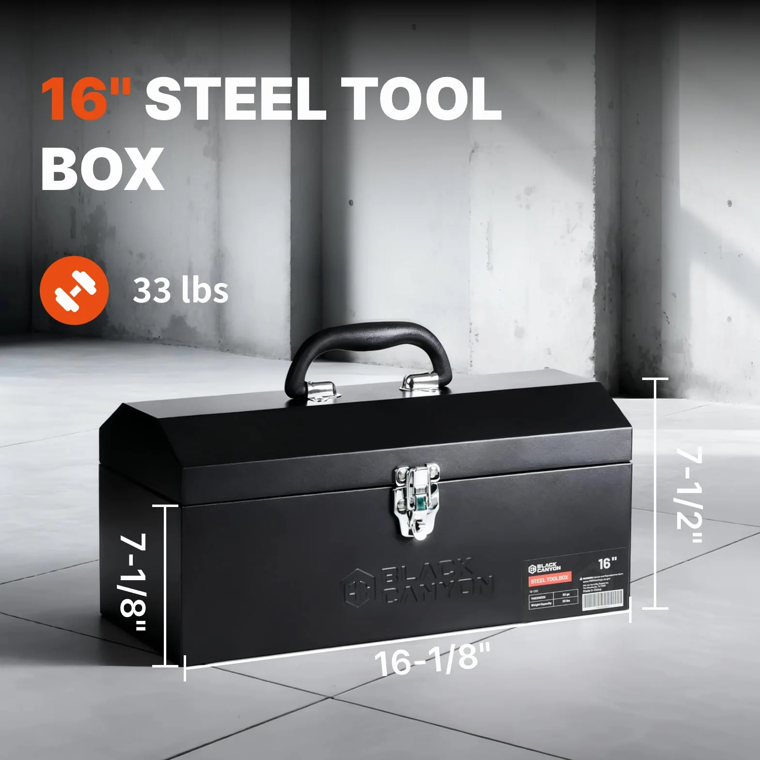 Black Canyon Caja de herramientas de 16 pulgadas, caja de herramientas de metal, acero al carbono, portátil y con candado, 4 almohadillas antideslizantes, ideal para remolques, mecánicos, bricolaje