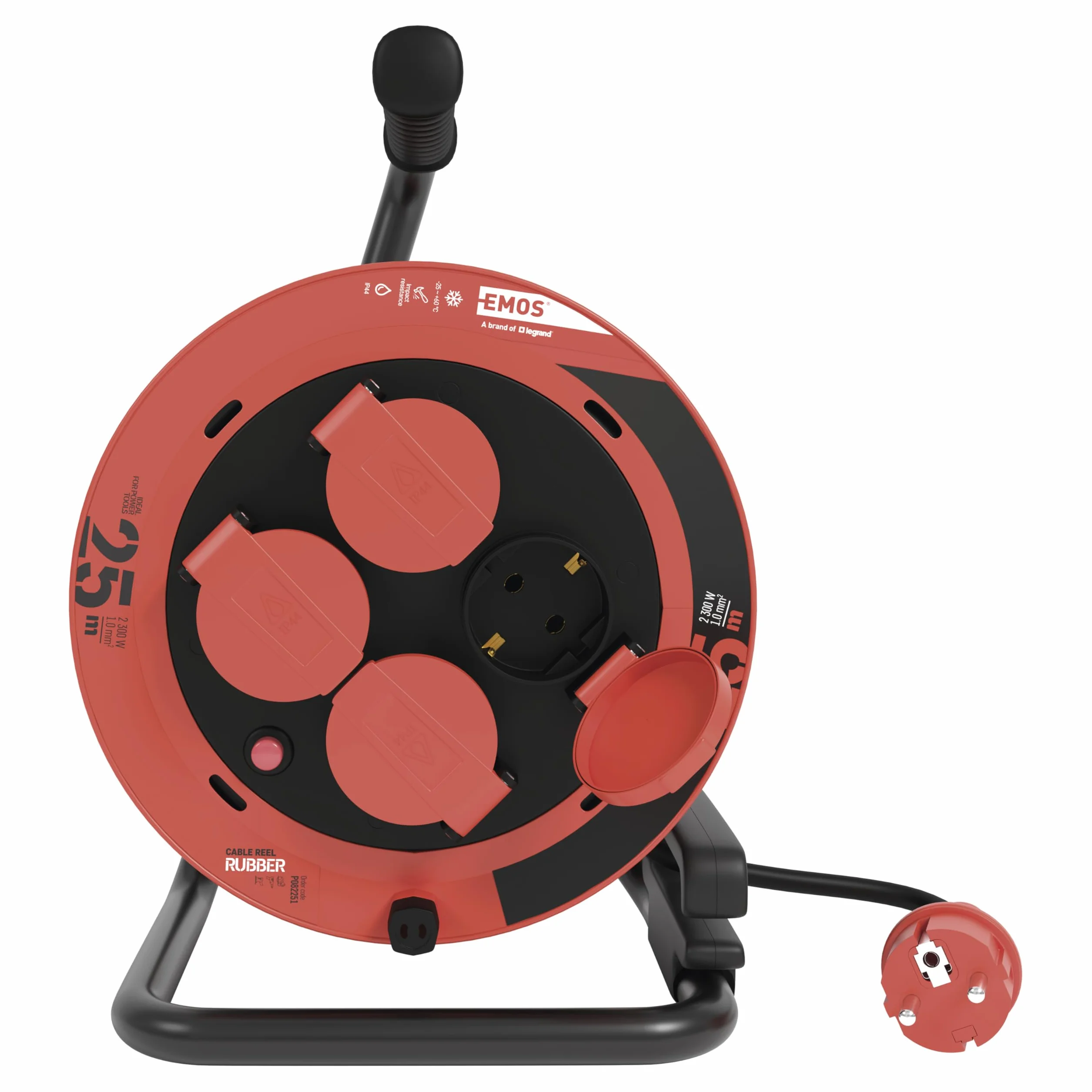 EMOS - Carrete de cable de 25 m - 4 enchufes Schuko con protección de contacto aumentada - Resistente al agua y al frío - Resistente a golpes - 230 V, 10 A, 2300 W - Aislamiento de goma - H05RR-F3G