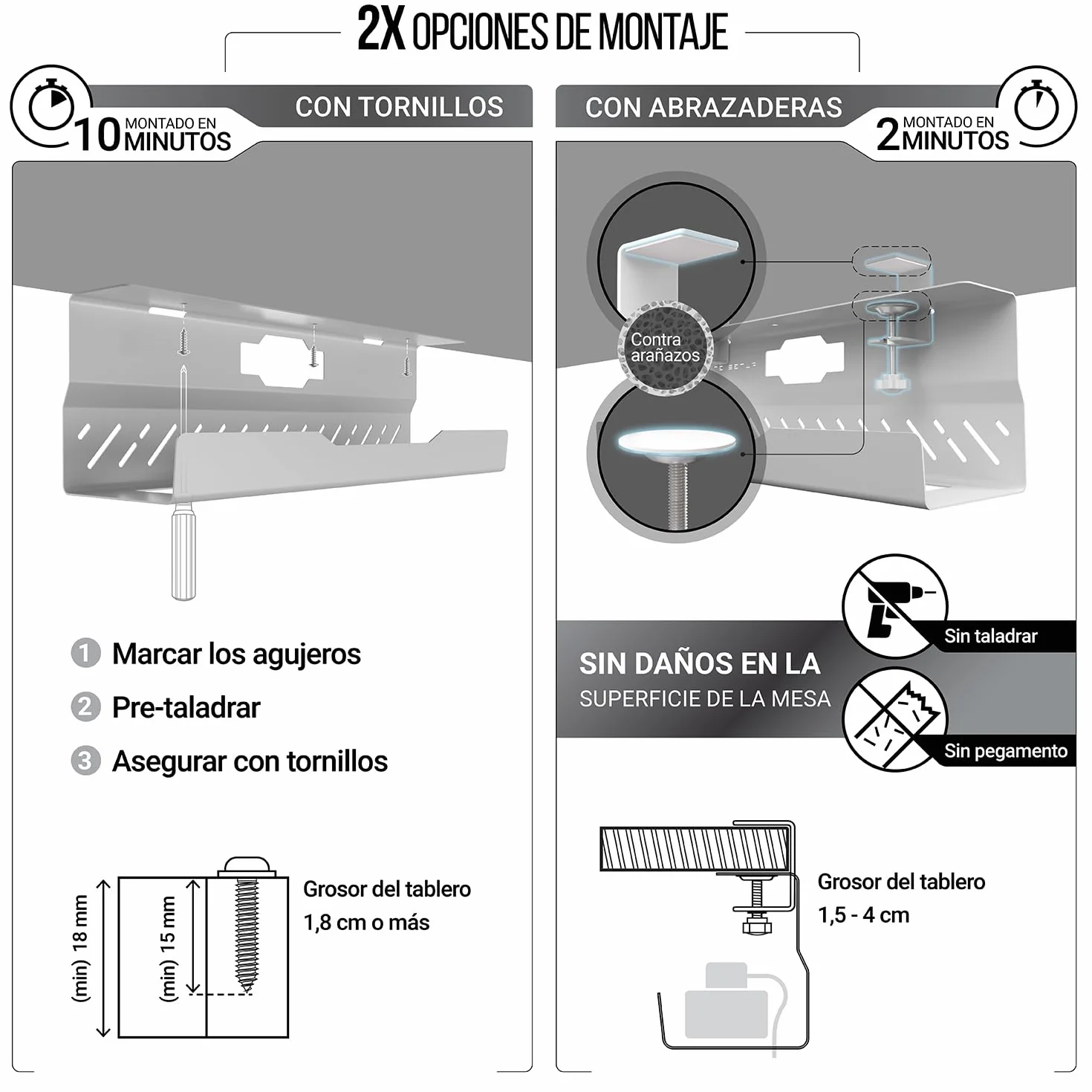 Bandeja de gestión de cables debajo del escritorio sin taladro, gestión de cables de escritorio, organizador de cables, gran capacidad de carga, bandeja de cables debajo del escritorio sin taladro