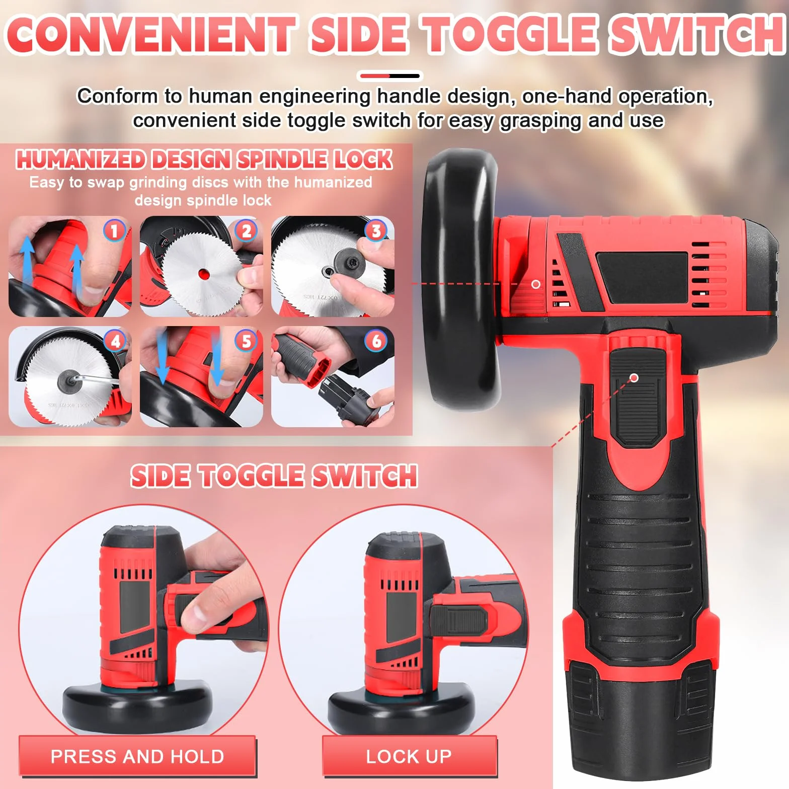 Mini Amoladora Bateria, Amoladora Angular 12V 19500 RPM con 2 Baterías de 2000mAh & 6 Bandejas de Corte, Amoladora Pequeña Eléctrica para Cortar, Pulir y Lijar