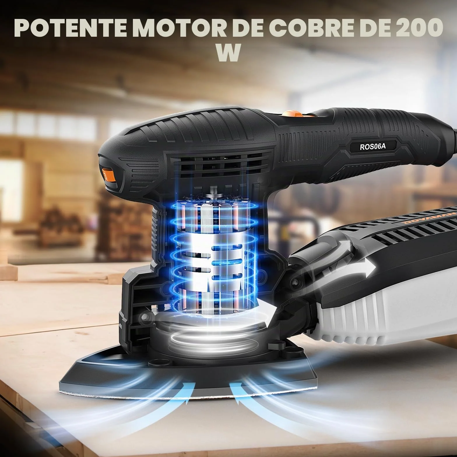 DOVAMAN ROS06A Lijadora Multifunción 3 en 1, 200W Multilijadora, 6 Velocidades, 15 Papeles de Lija, Baja Vibración, Recogida de Polvo, Lijadora Orbital, Excéntrica y de Detalle para Madera y Acero
