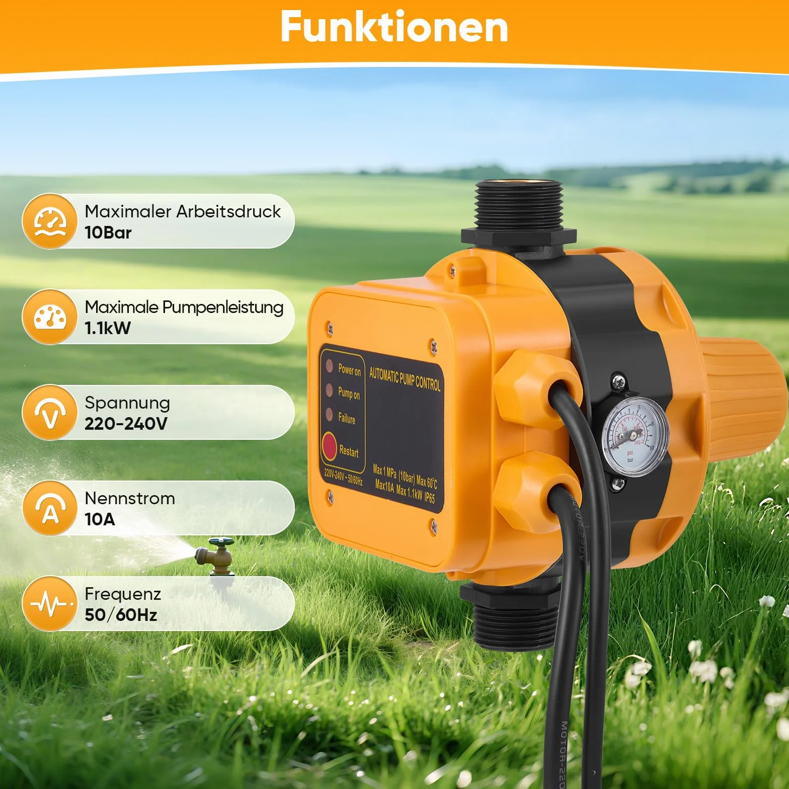 Presostato Para Bomba De Agua, Monitor Electrónico De Presión Para Bombas De Agua Máx. 10 Bar 220-240 V Con Enchufe Resistente Al Agua IP54 Monitor De Caudal Para Bomba De Jardín