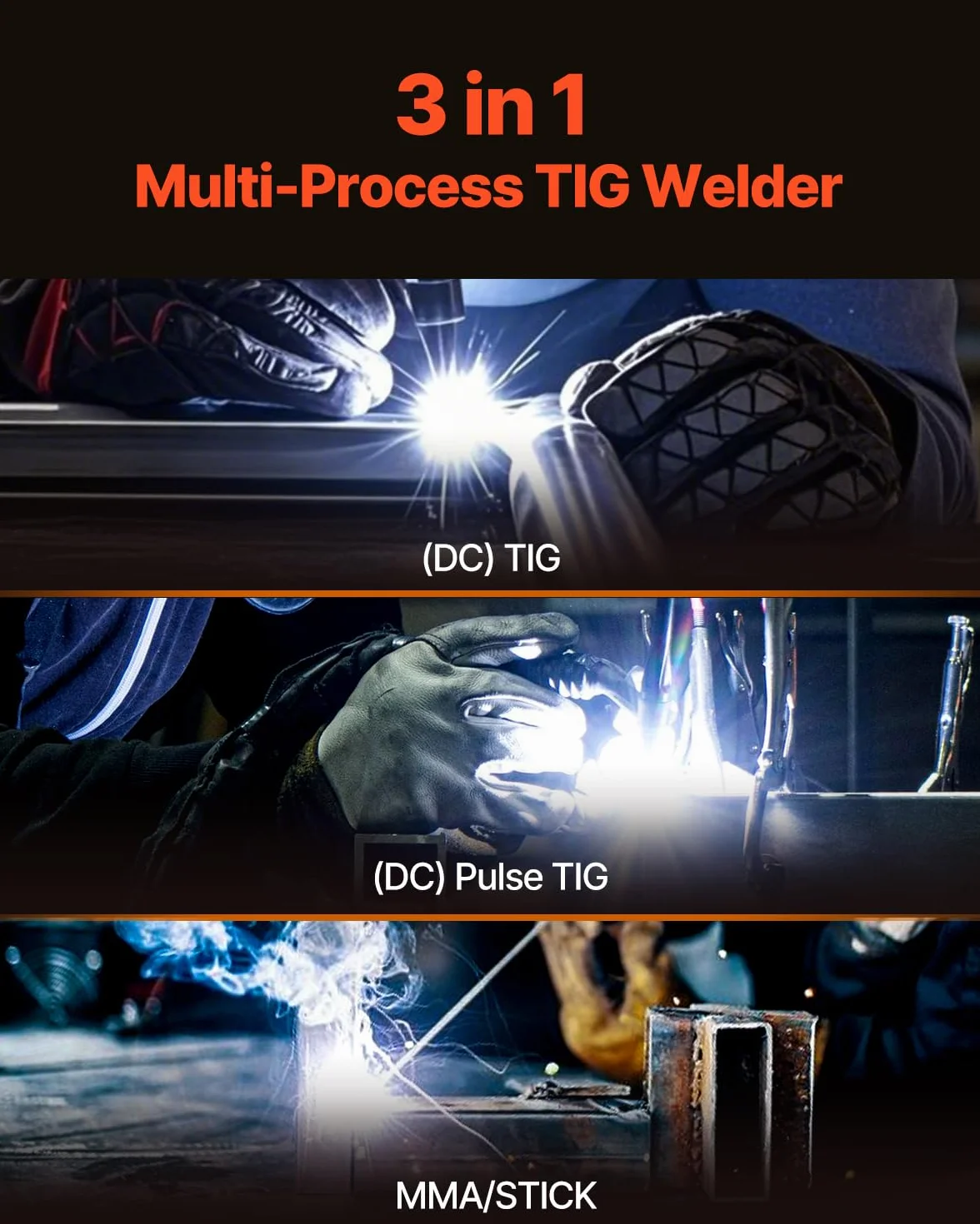 VEVOR Máquina de Soldar TIG 3 en 1 de 205 A, Pantalla LED Grande, Máquina de Soldadura TIG con Inversor IGBT y Arranque de Alta Frecuencia, TIG CC/TIG Pulsado CC/MMA, Varilla, 388 x 160 x 310 mm