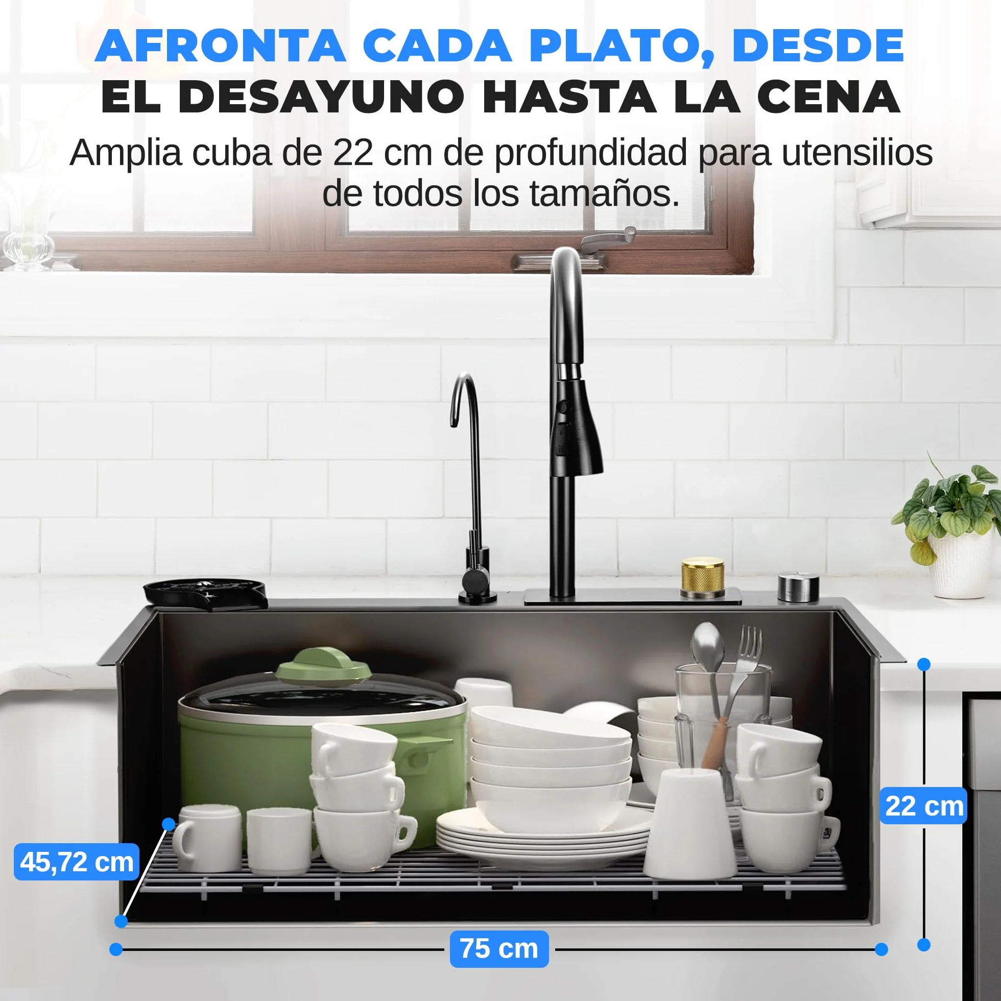 Serenelife fregadero cocina, Con grifo, Rejilla de drenaje, Canasta coladora, Tavla de cortar, Lavavasos, Acero inoxidable, Instalacion bajo o sobre encimera