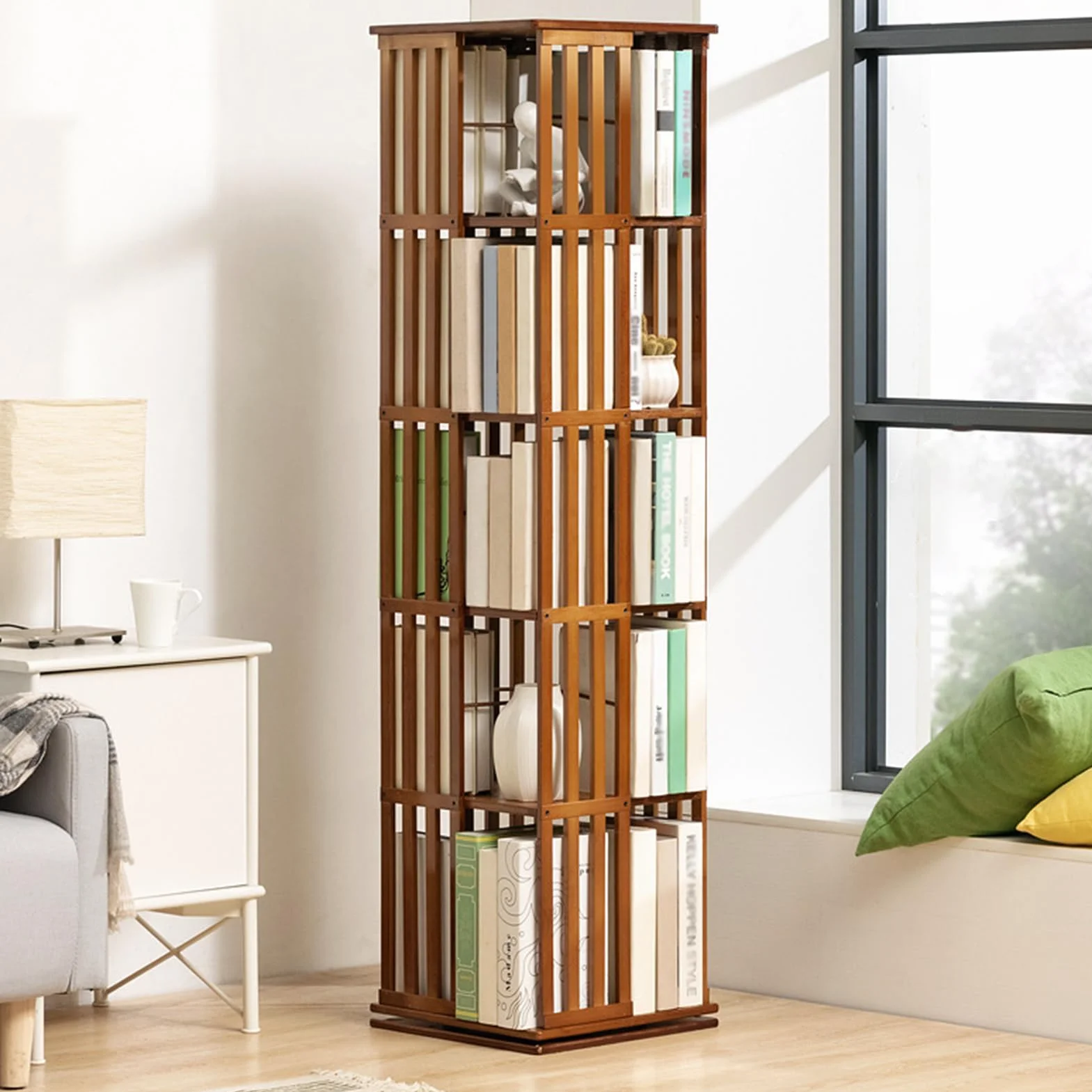 Biblioteca giratoria de bambú a niveles, estante giratorio de 360° con vitrina de esquina, estante para libros y decoración - Estantería de almacenamiento para niños y adultos - Biblioteca