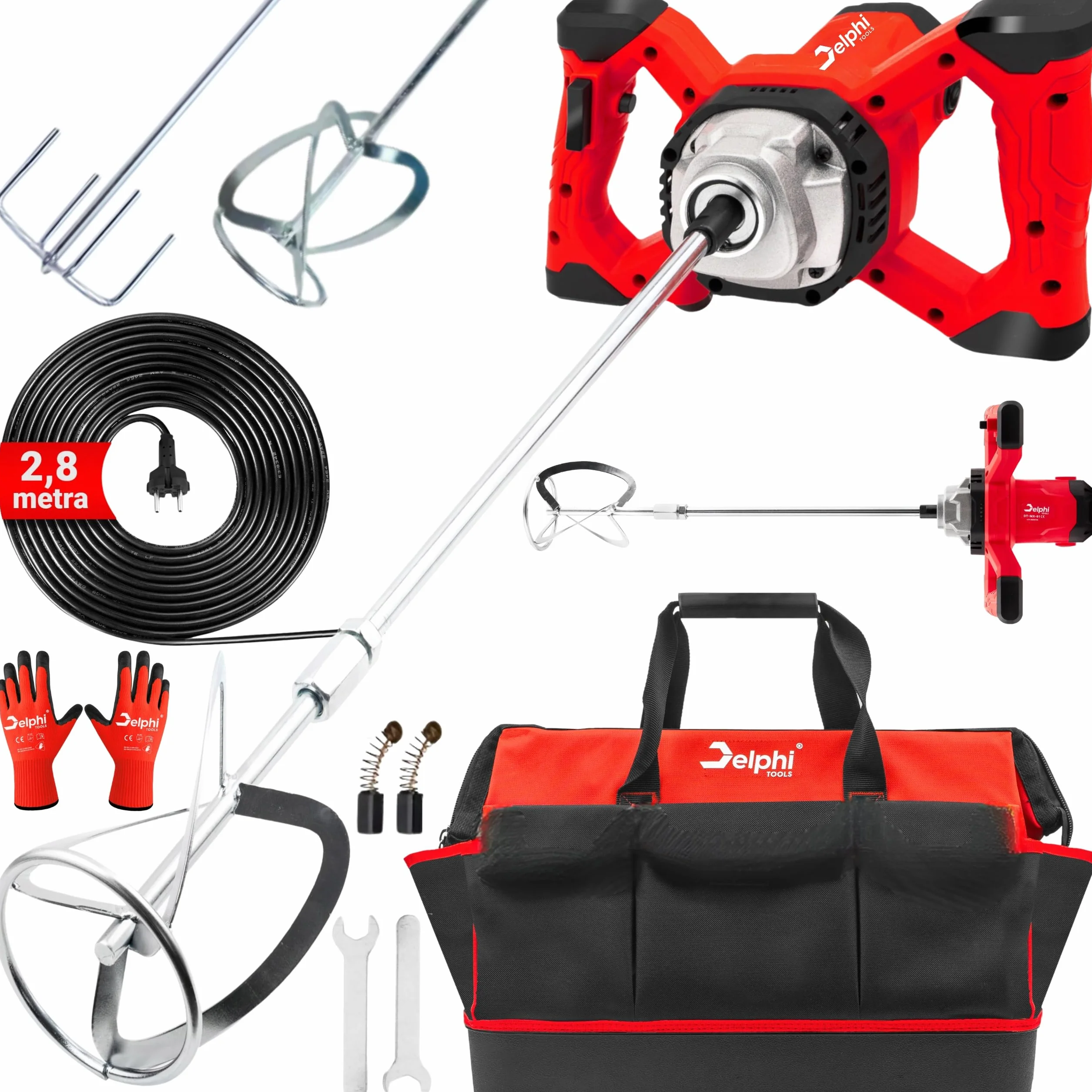 Delphi Agitador eléctrico de 2600 W, con 2 agitadores, 6 velocidades, para pegamento, hormigón, pintura, yeso con bolsa y accesorios, M14 940 rpm