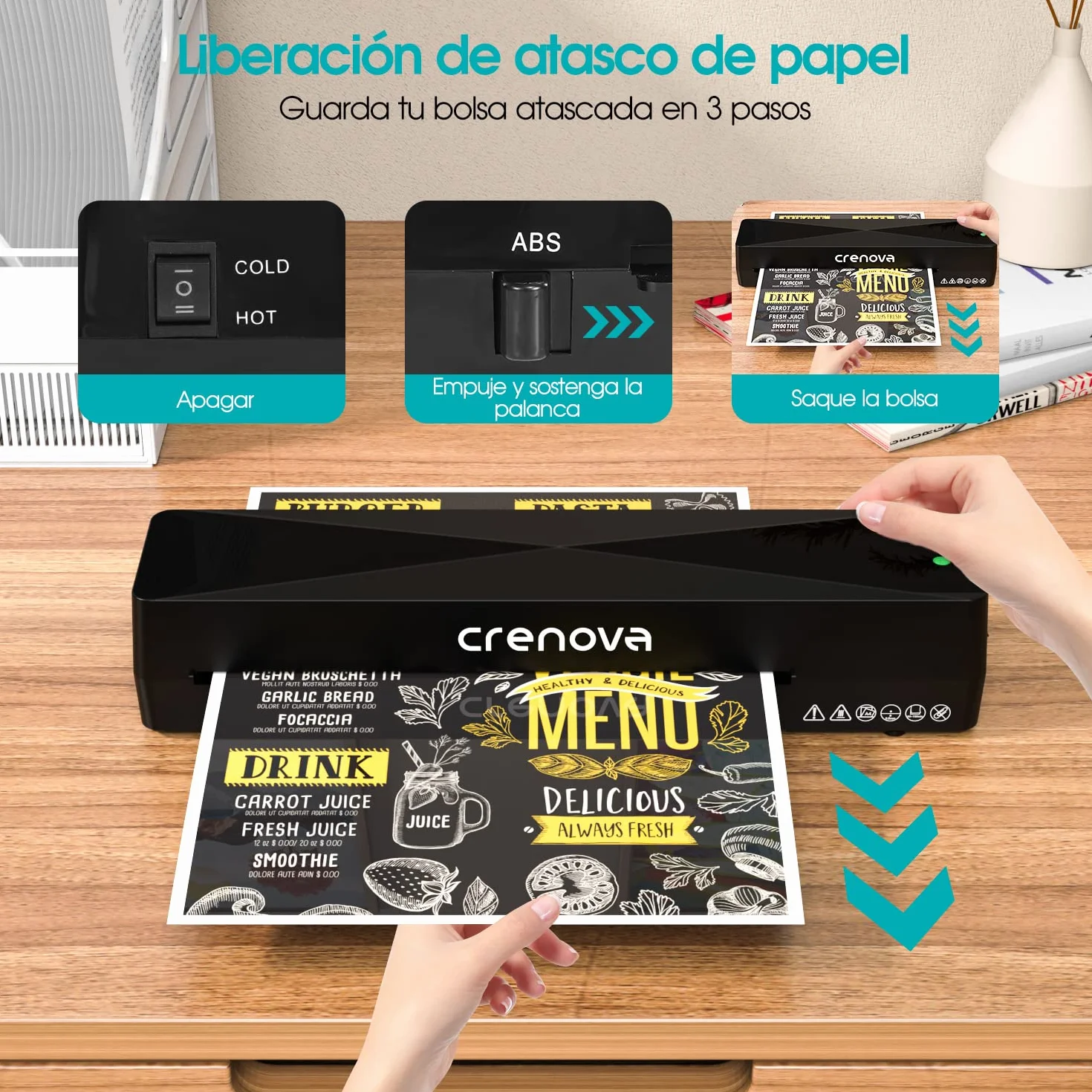 Crenova Plastificadora A4 en Caliente y Frío con 10 Fundas, Sin Burbujas, Ideal para Hogar y Oficina (Negra)
