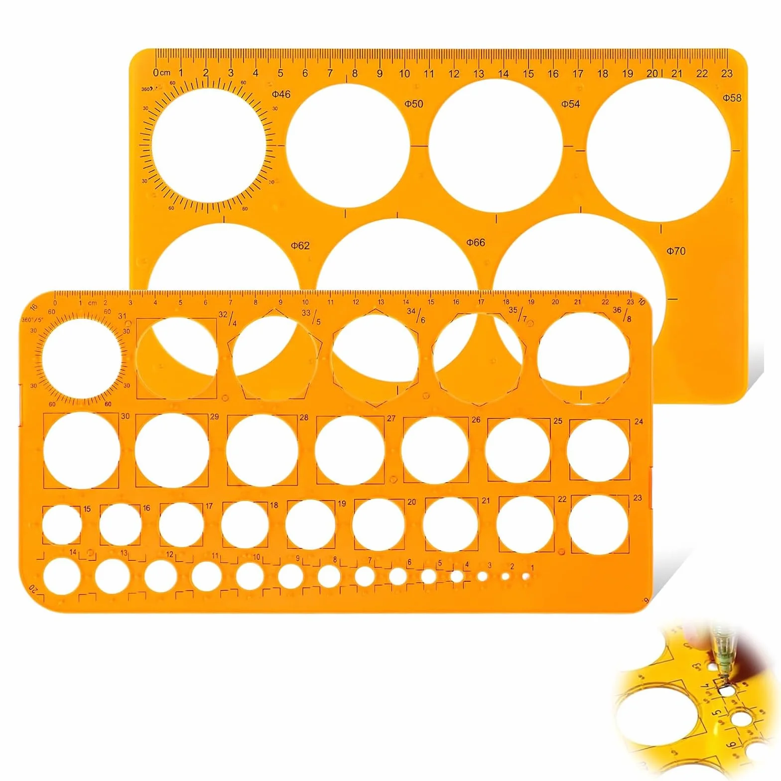 Plantillas Para Dibujar, Plantilla Círculos, Reglas Dibujo Técnico, Plantilla Elipses Isométricas, Reglas Círculo Geométrico (Naranja Transparente)