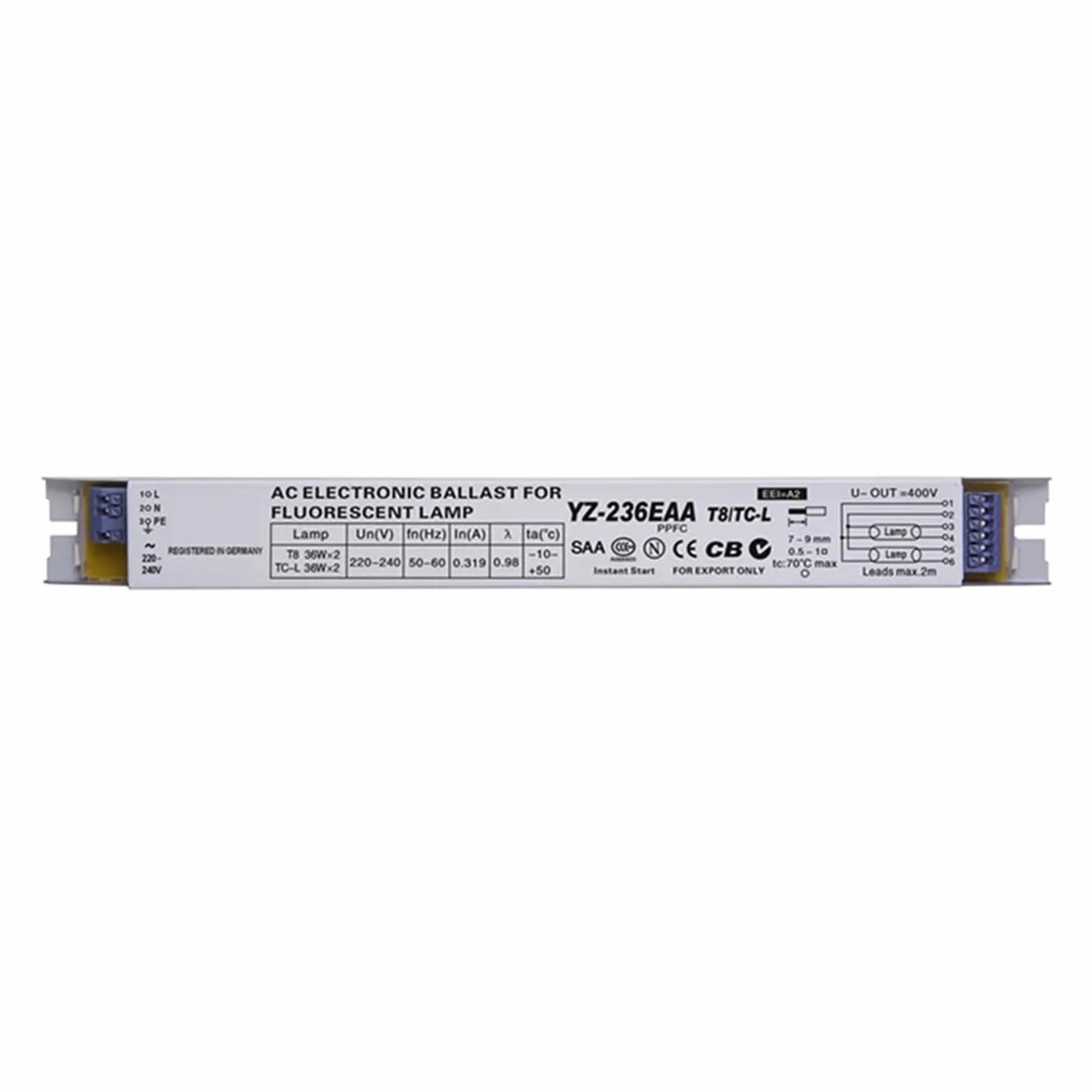 Balasto electrónico, YZ-136EAA YZ-236EAA YZ-336EAA 220-240 V 1 x 36 W 2 x 36 W 3 x 36 W Balasto electrónico T8(YZ-136EAA)