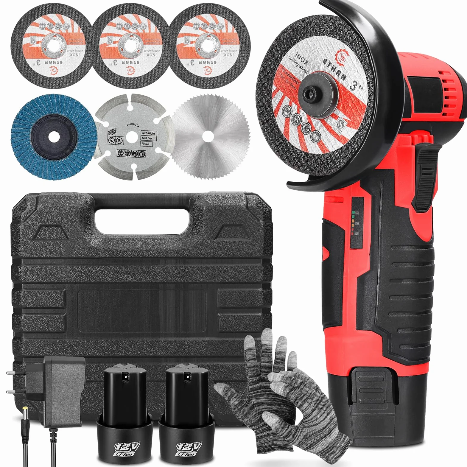 Mini Amoladora Bateria, Amoladora Angular 12V 19500 RPM con 2 Baterías de 2000mAh & 6 Bandejas de Corte, Amoladora Pequeña Eléctrica para Cortar, Pulir y Lijar