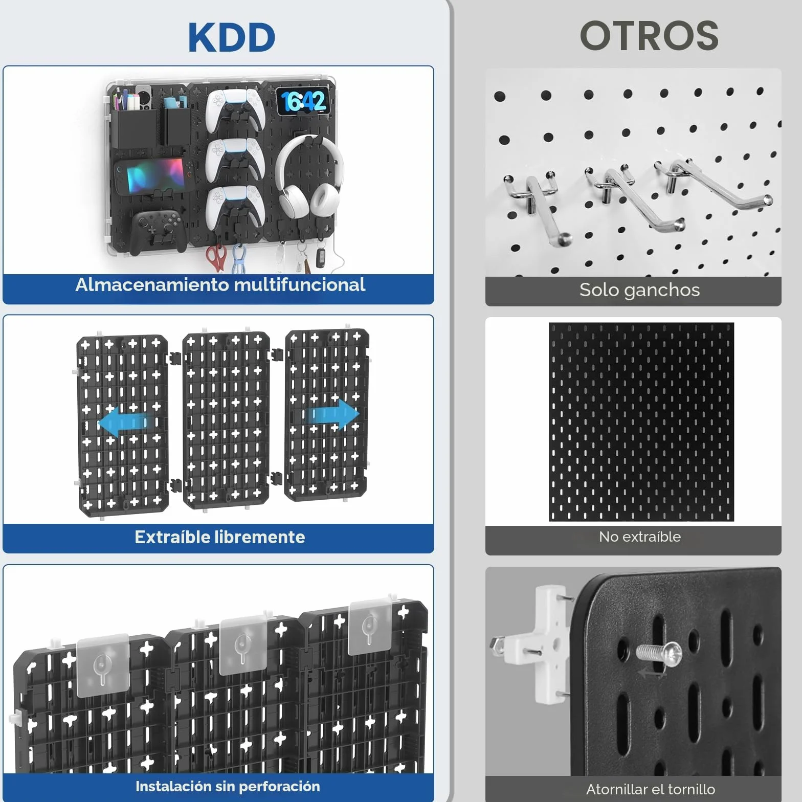 KDD 7 en 1 Panel Perforado Organizador Pared, 40x20cm 3 Paneles de Pegboard Gaming con Barra de Luz LED, Tablero Perforado de Kit Combinado con 14 Piezas para Colgar Herramientas para Juegos Oficina