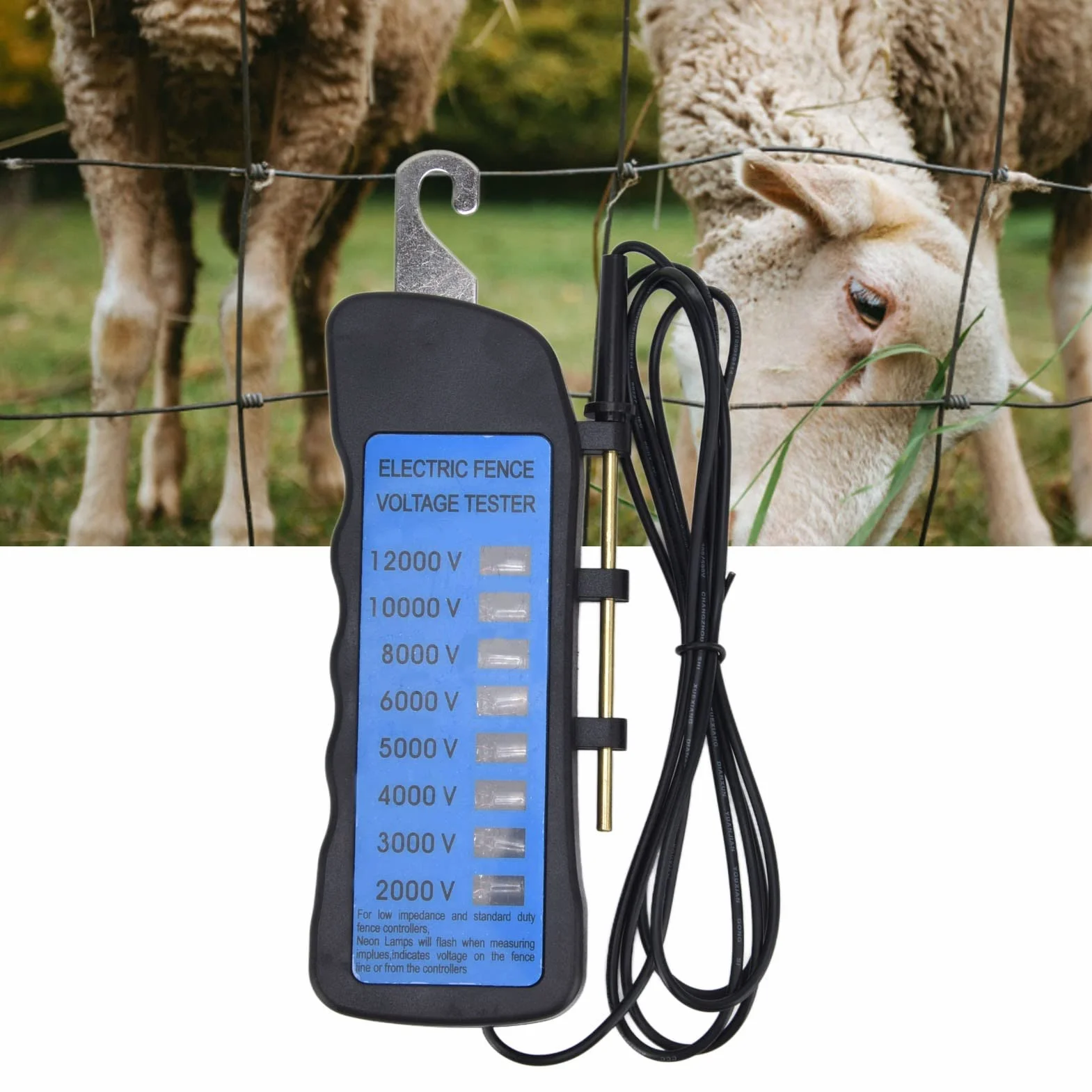 Nikou Probador de voltaje para cercas eléctricas, probador de cercas de neón de 12 kV, probador de cercas de 2000 a 12 000 V, con 8 luces indicadoras de neón, resistente al agua para granjas de jardín