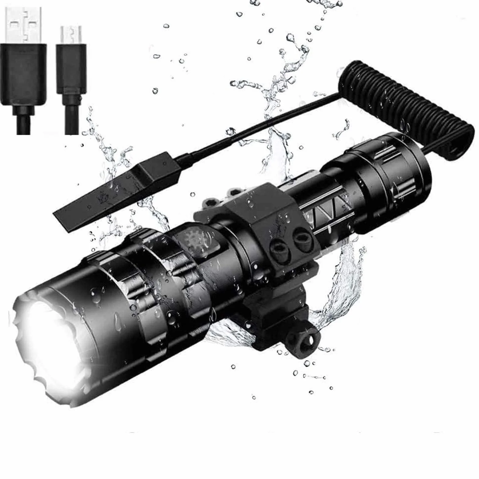Kit de Linterna LED Alta Potencia Recargable 1600 LM Brillante Antorcha Táctica Linterna de Mano 5 modos 500 metros Impermeable con cargador USB y modo SOS (batería incluida)