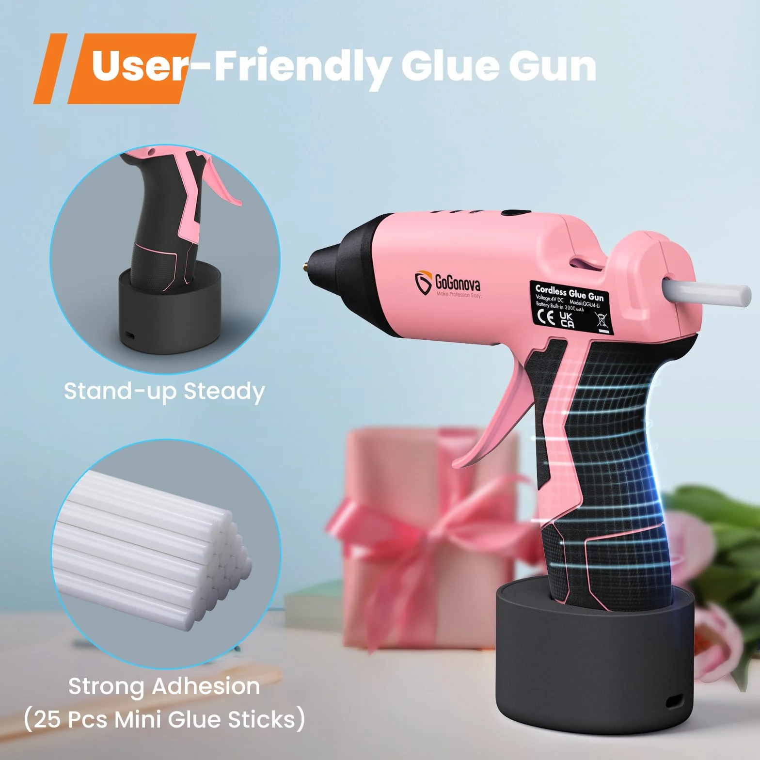 GoGonova Pistola de pegamento caliente inalámbrica 4V GT01002131 Rosa, Inalámbrica, 5W, 4V DC, 5Ah, 15s, 180min, USB Type-C, 25 barras de pegamento, Papel, Algodón, Plástico