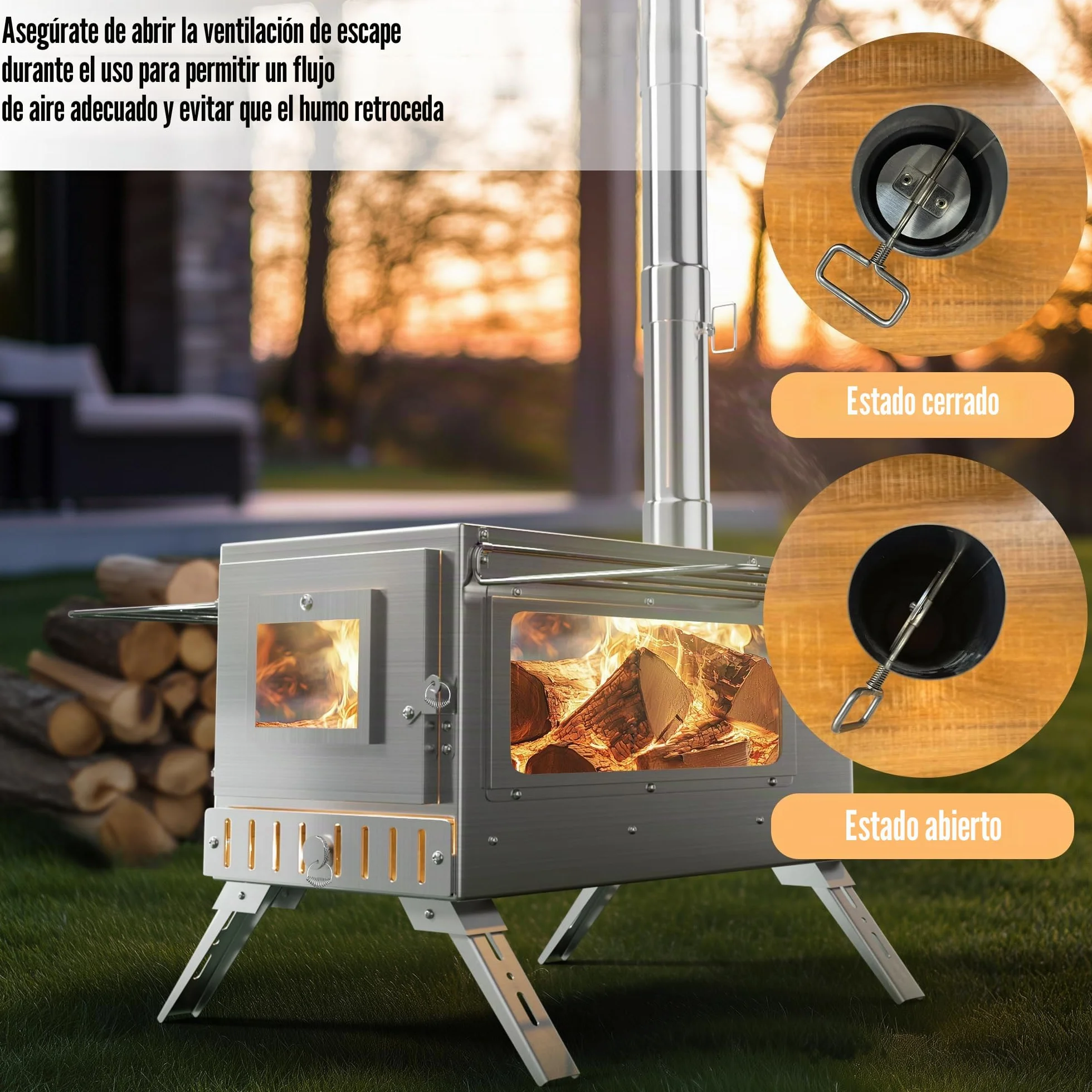 UNHO Estufa de Leña Portátil Plegable con Chimenea de Acero Inoxidable para Tienda de Campaña