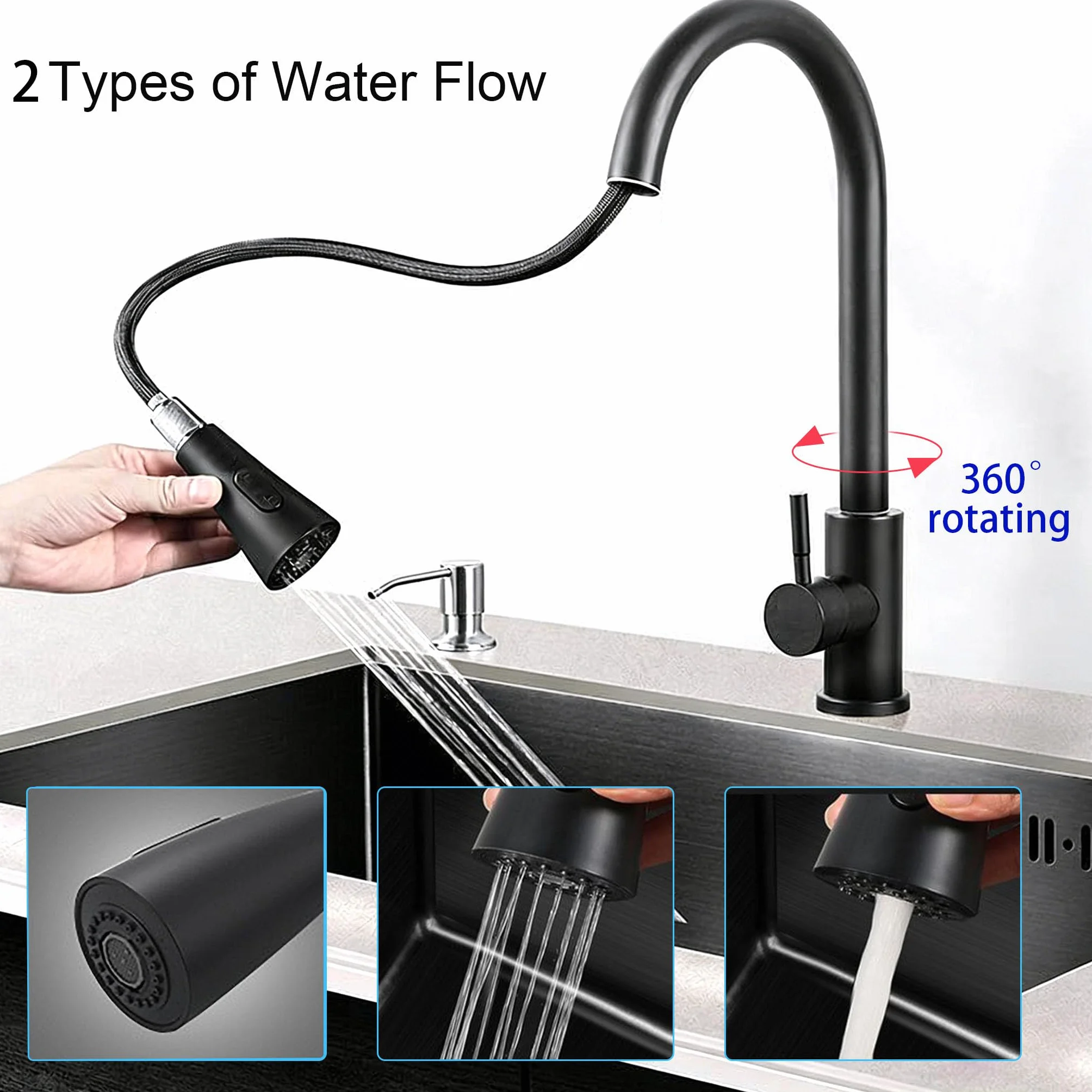 Fregadero de Cocina 1 Seno con Escurridor, Acero Inoxidable Negro, con Dispensador de Jabón para Baño, Viajes en Caravana, 68 * 45 * 20cm