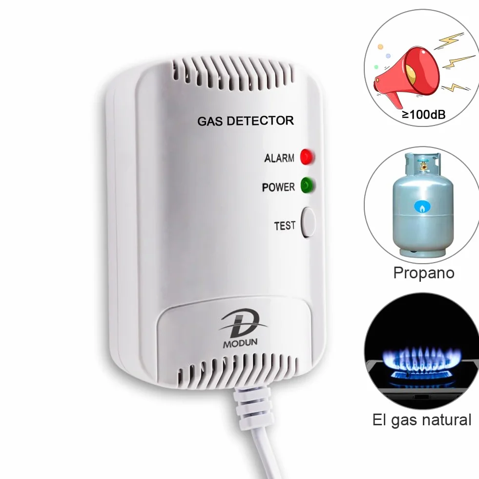 D MODUN - Detector de Gas, Fugas de Gas Natural/LPG/gas de Carbón, Monitor de Metano Propano Butano, Advertencia de luz Estroboscópica 100dB, Alarma de gas enchufable adecuado para Cocina, RV, Garaje
