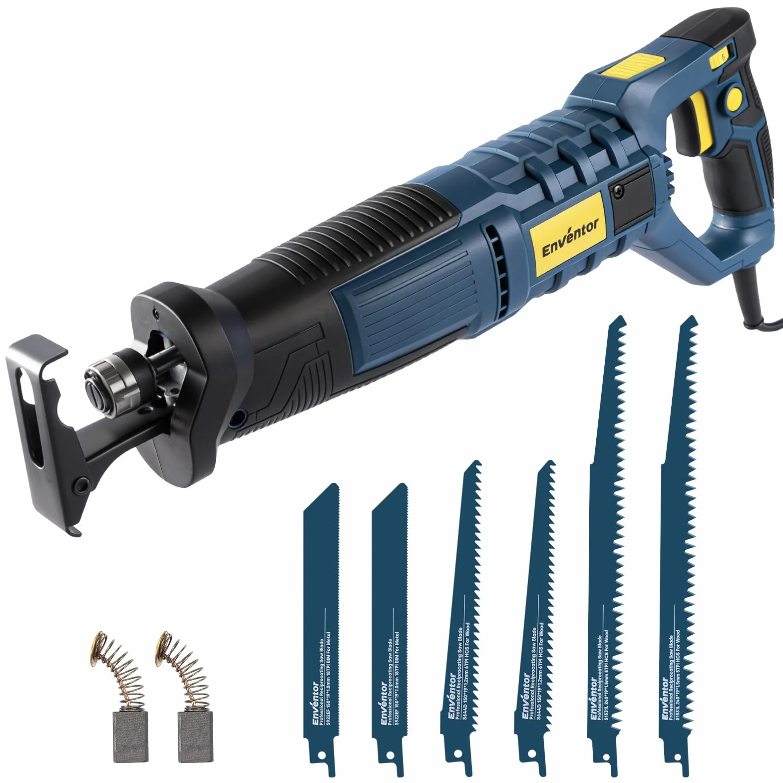 Enventor Sierra Sable con Cable, 850W, Sierra de Sable, 6 hojas, 2800SPM, velocidad variable, carrera de 28mm, cambio de hoja sin herramientas, 180° mango giratorio, para cortar madera, PVC y metal