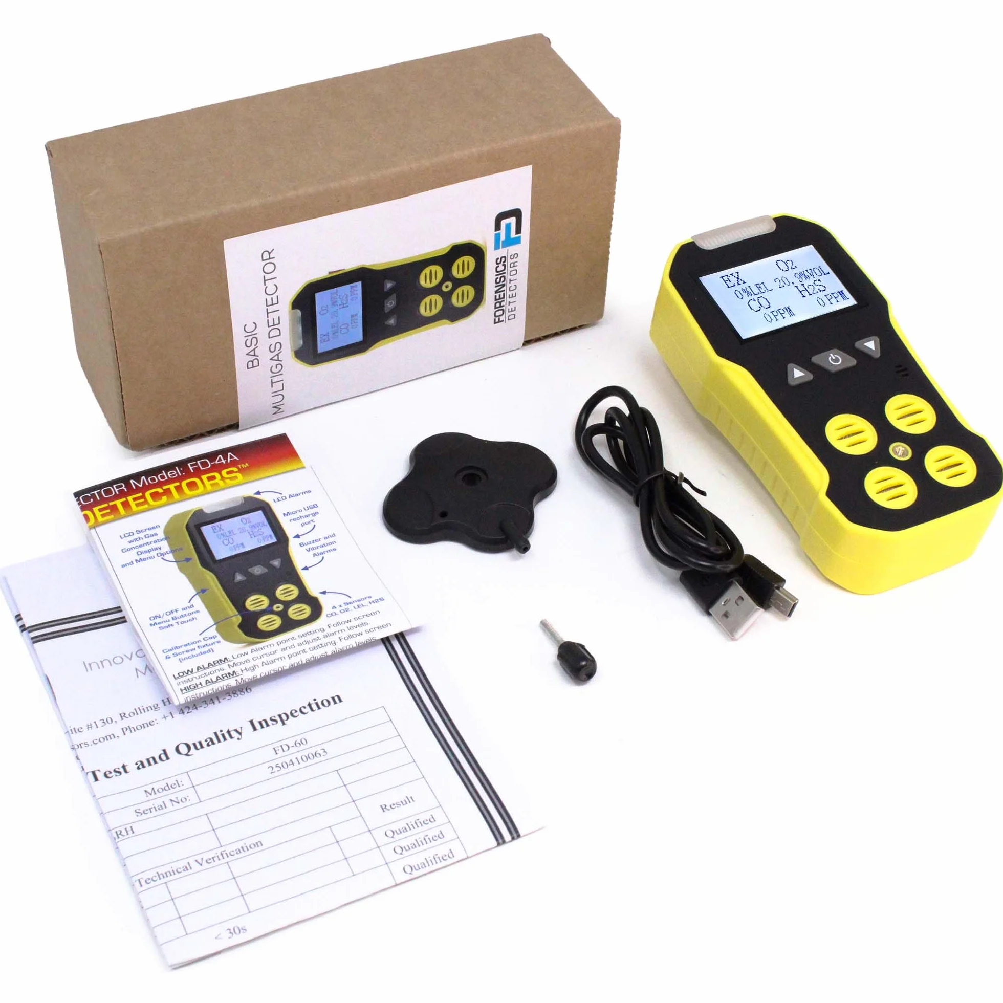 Detector de 4 Gases O2 CO H2S LEL Certificado de Calibración Recarga USB Alarmas Pantalla Grande