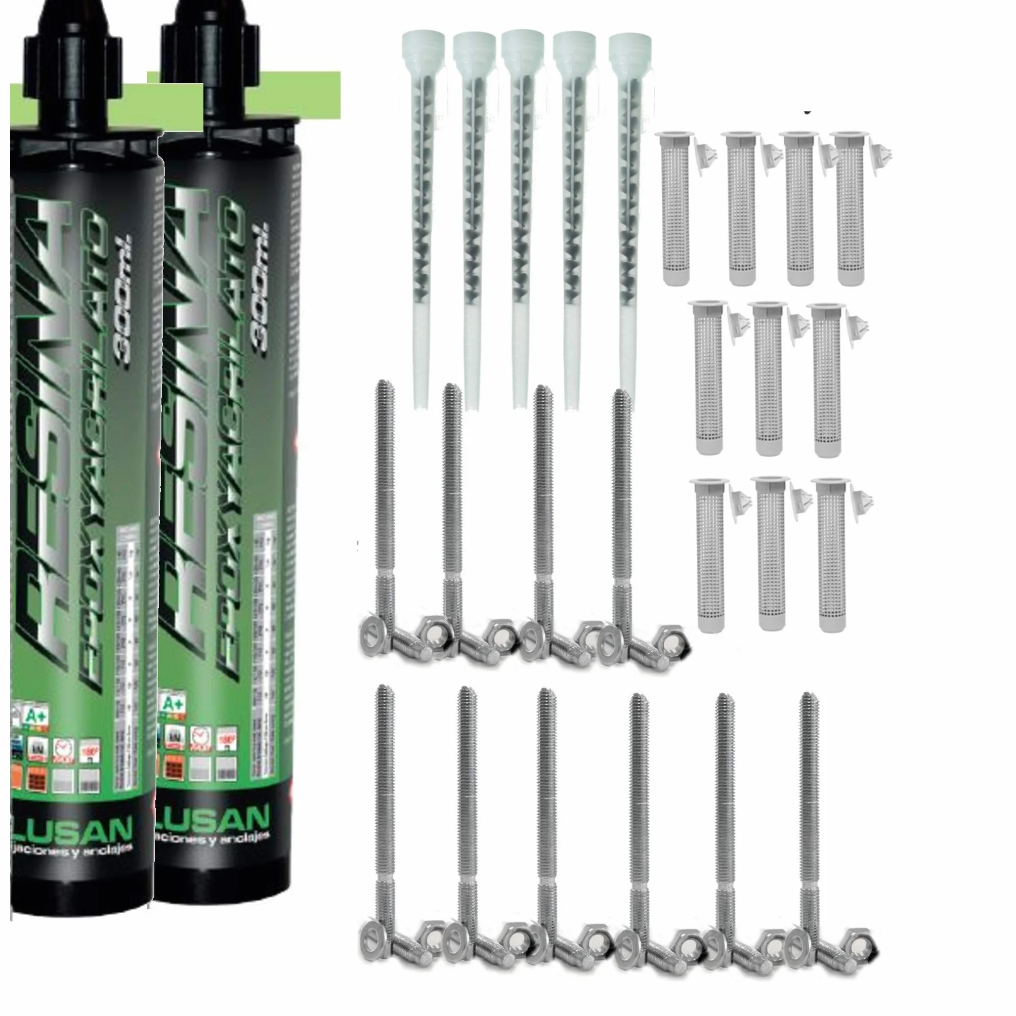 Bricoloco Kit Anclaje Químico Profesional Epoxi| Taco químico y accesorios | Kit Profesional de 2 Tacos químicos 300ml+5 Boquillas+10 tamices (12x80)+10 espárragos (8x100)